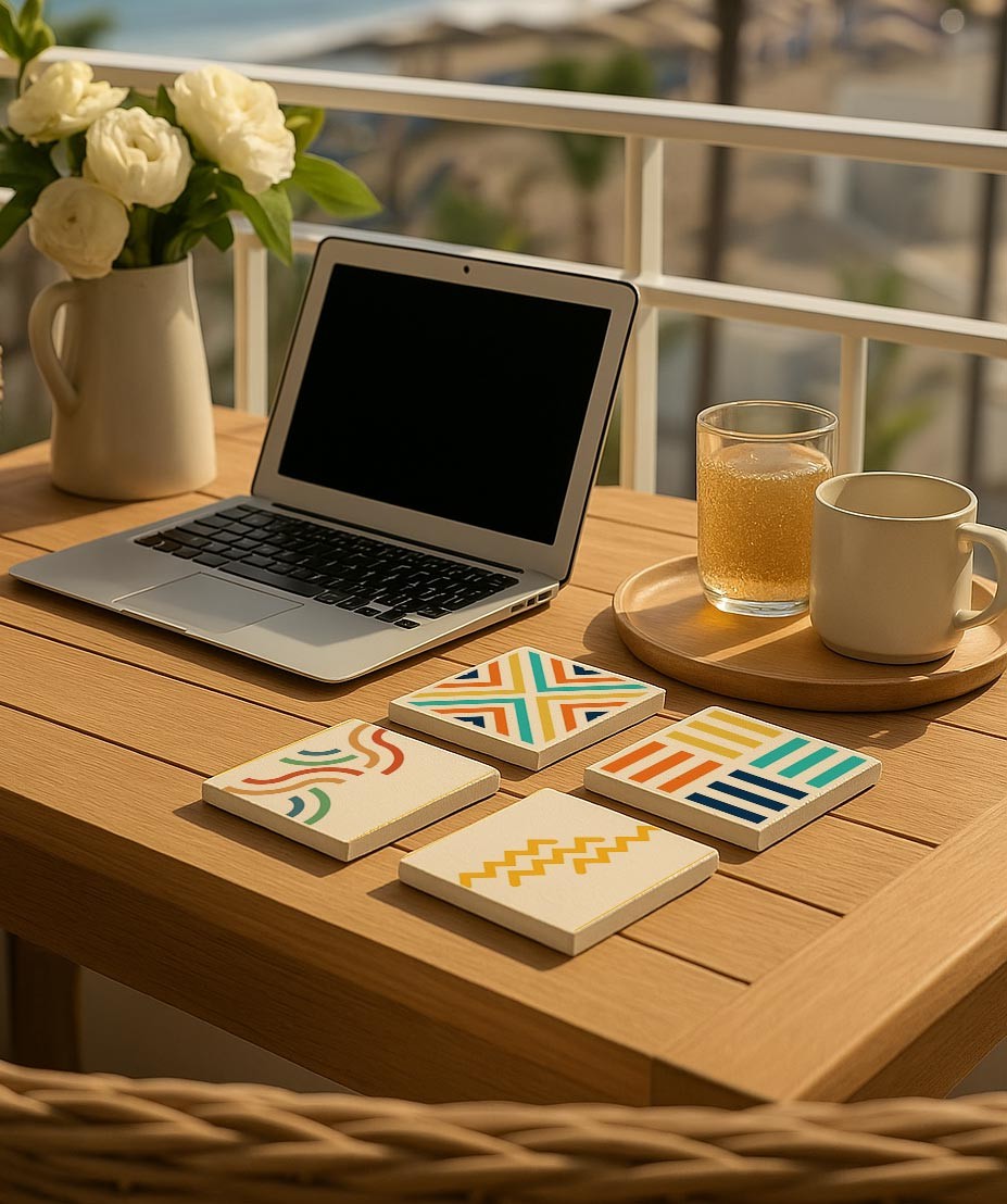 Modern Geometrik Desenli Renkli Doğal Taş Bardak Altlığı 4’lü Set, Şık Masa Sunum Ürünü