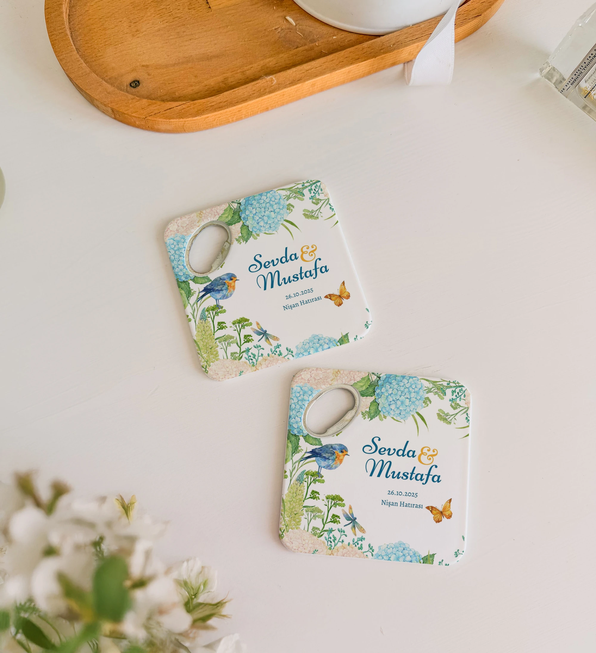 Mavi çiçekli kuş desenli tasarım magnet açacak bardak altlığı kişiye özel nişan hediyelik 20 adet