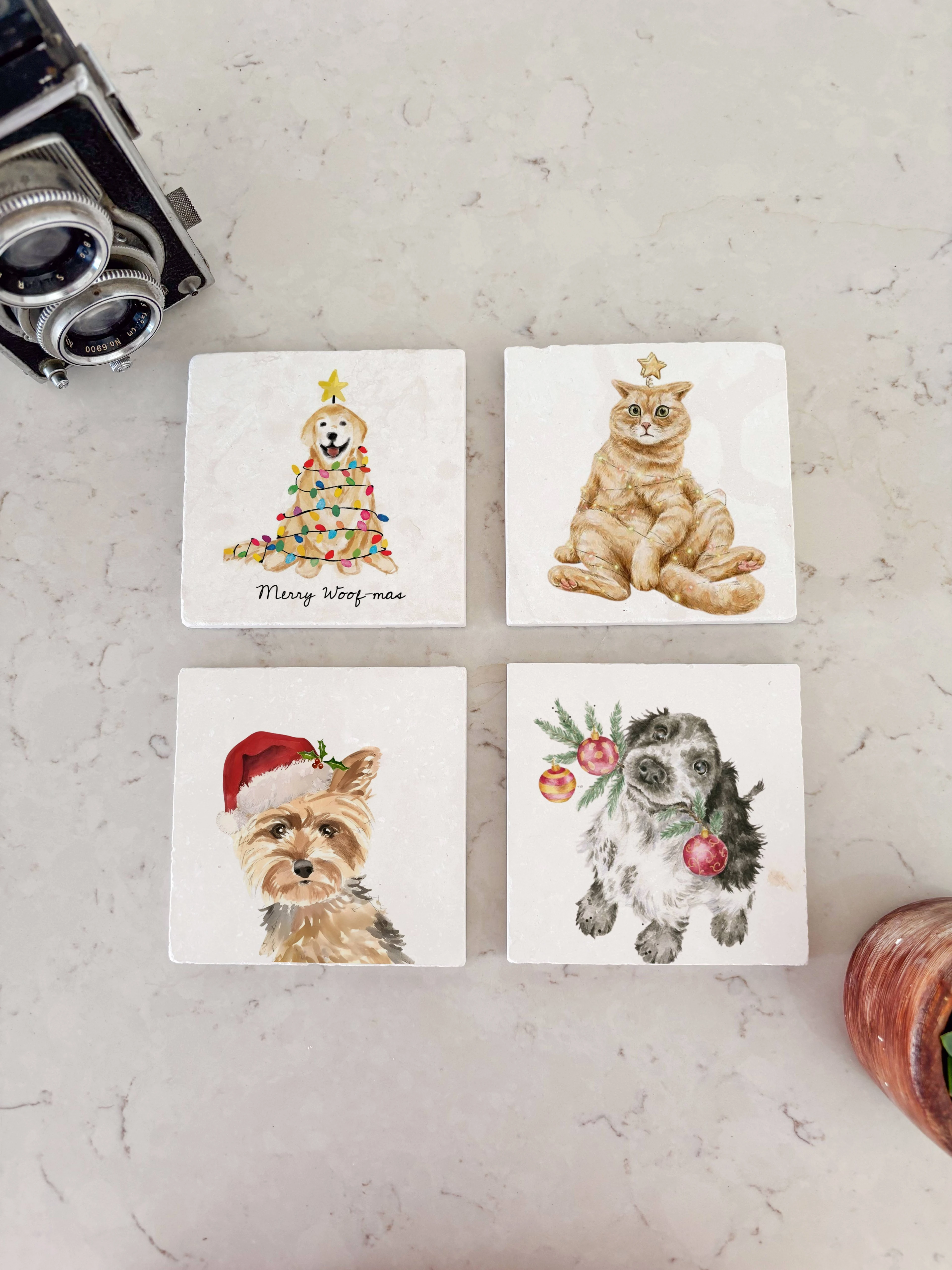 Sevimli Köpek ve Kedi Temalı Doğal Taş Bardak Altlığı, Funny Christmas Ev Dekoru, 4’lü Yılbaşı Hediyesi