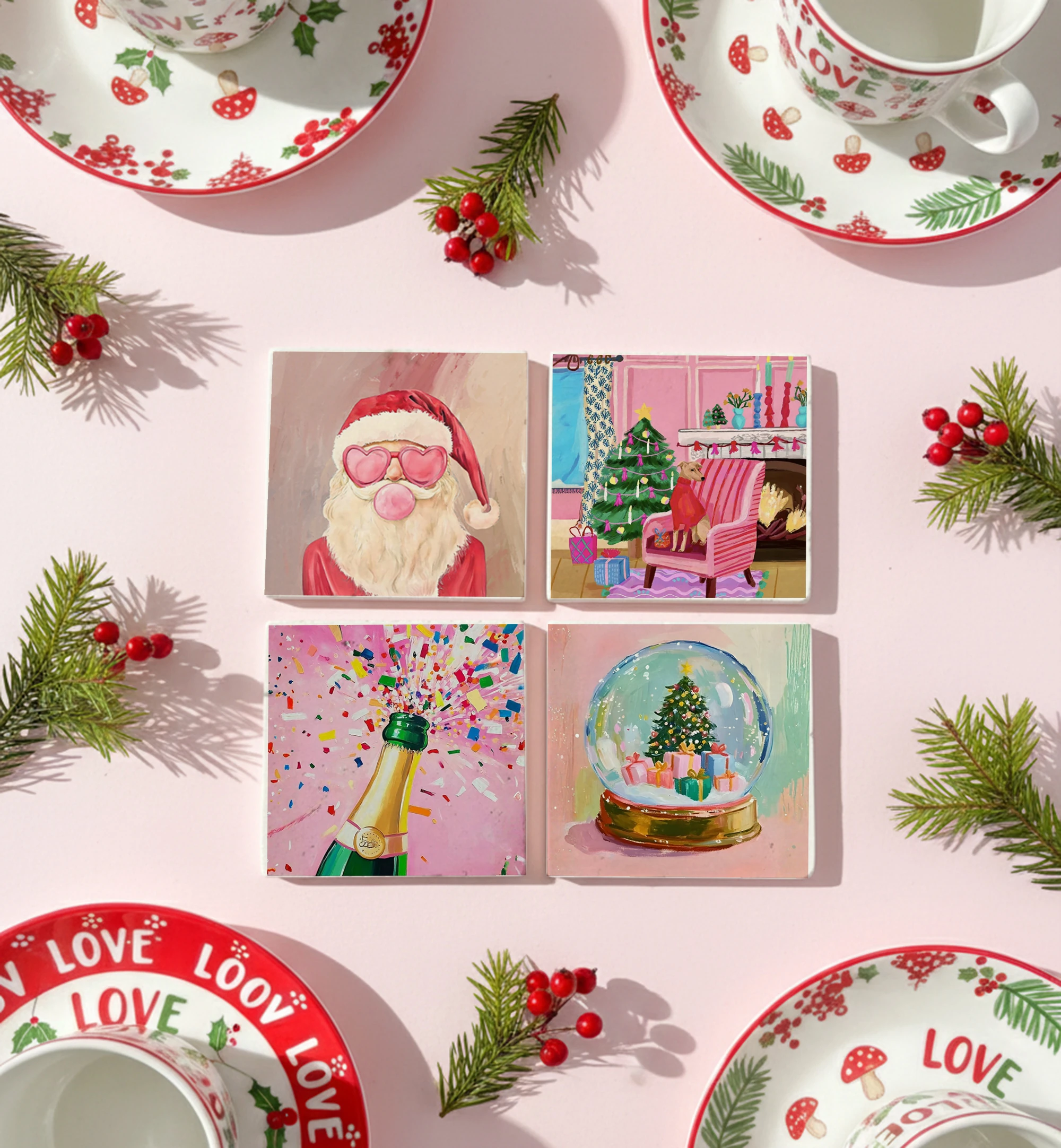 Eğlenceli Noel Baba ve Şampanya Temalı Doğal Taş Bardak Altlığı, Cozy Christmas Dekoru, Yılbaşı Hediyesi, 4’lü