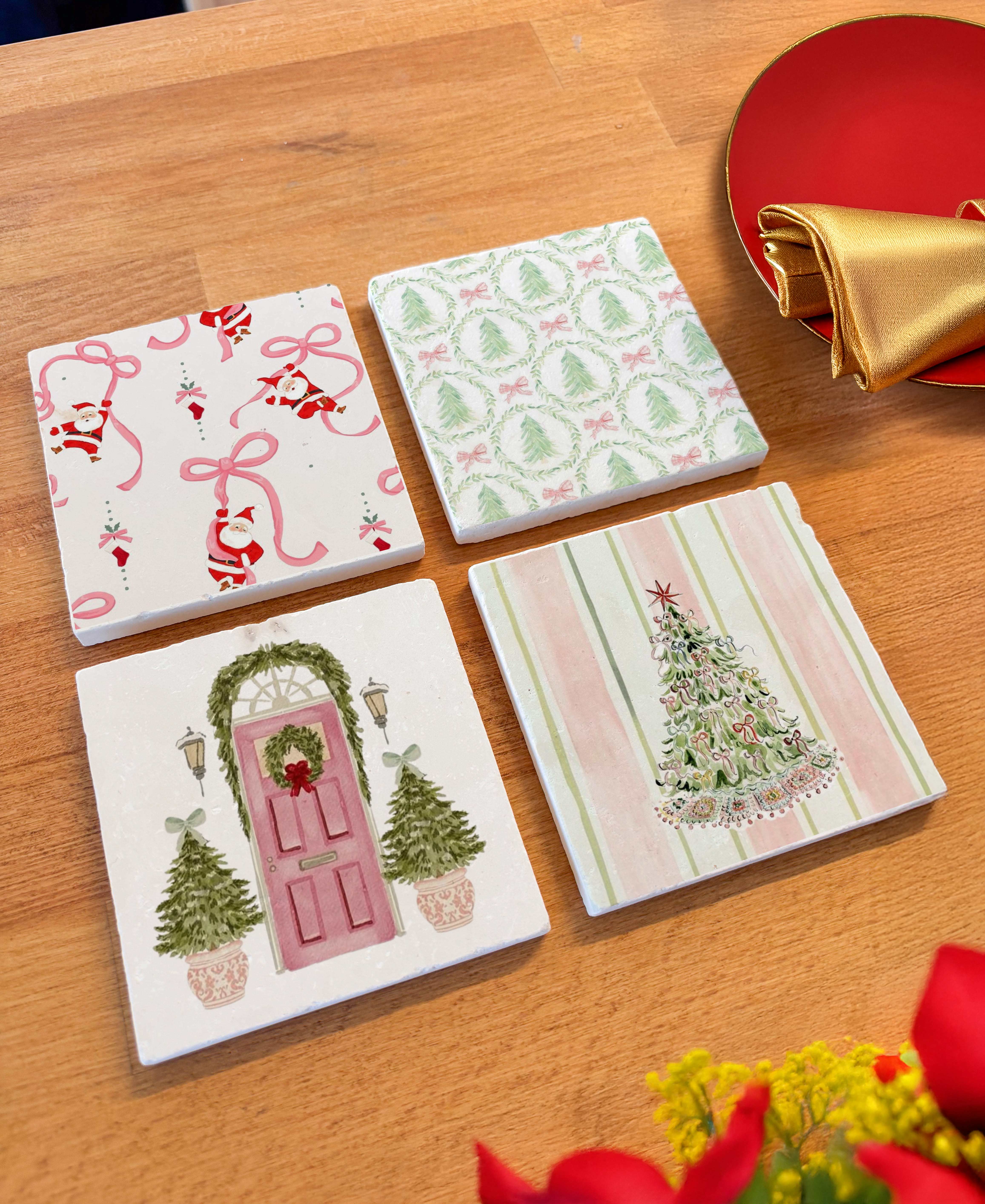 Pembe ve Yeşil Yılbaşı Desenli Doğal Taş Bardak Altlığı, Ev Dekoru, Yılbaşı Hediyesi, 4’lü