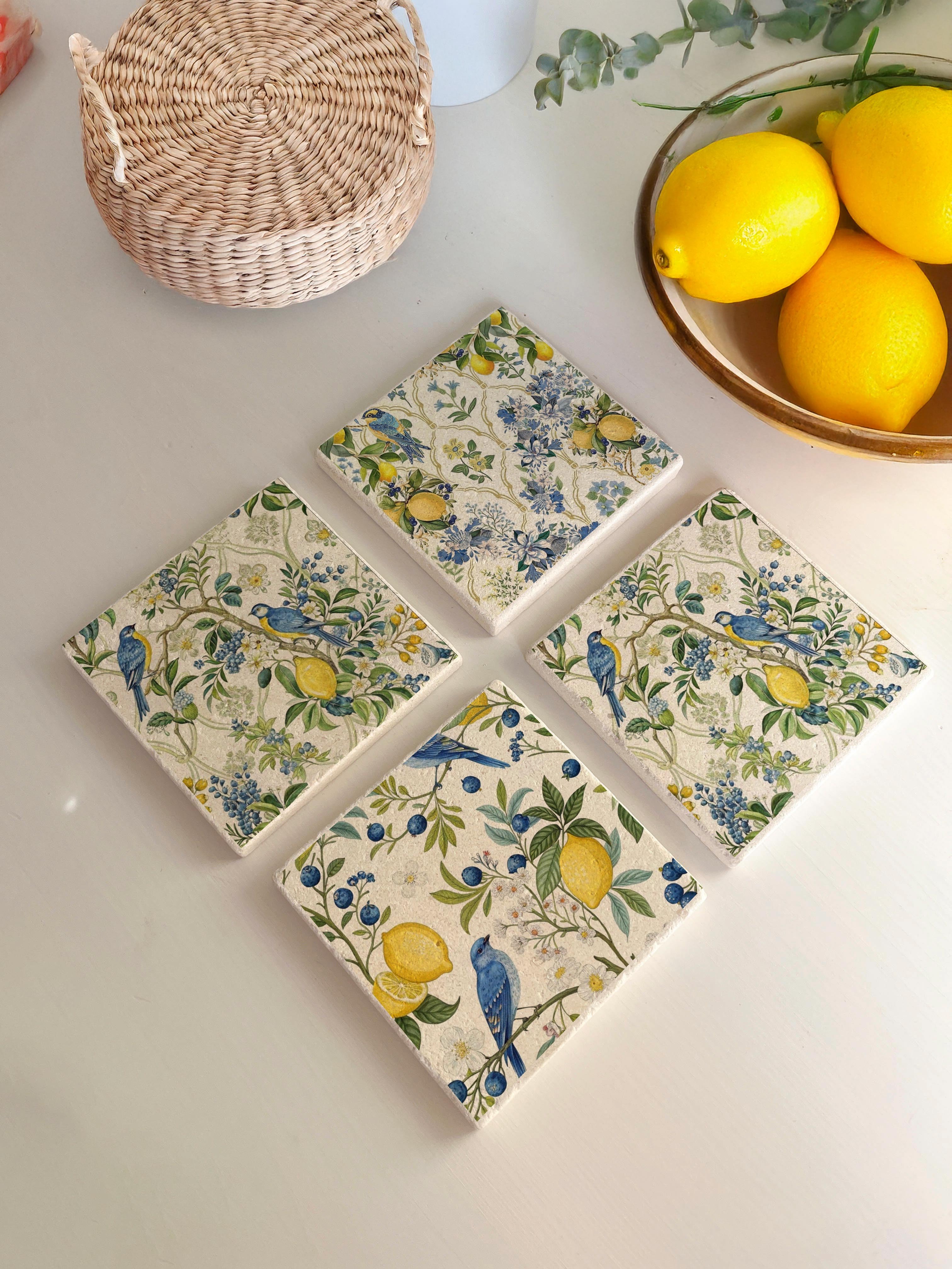 Limon ve Kuş Desenli Doğal Taş Bardak Altlığı 4’lü Set, Yazlık Sunum Ürünü