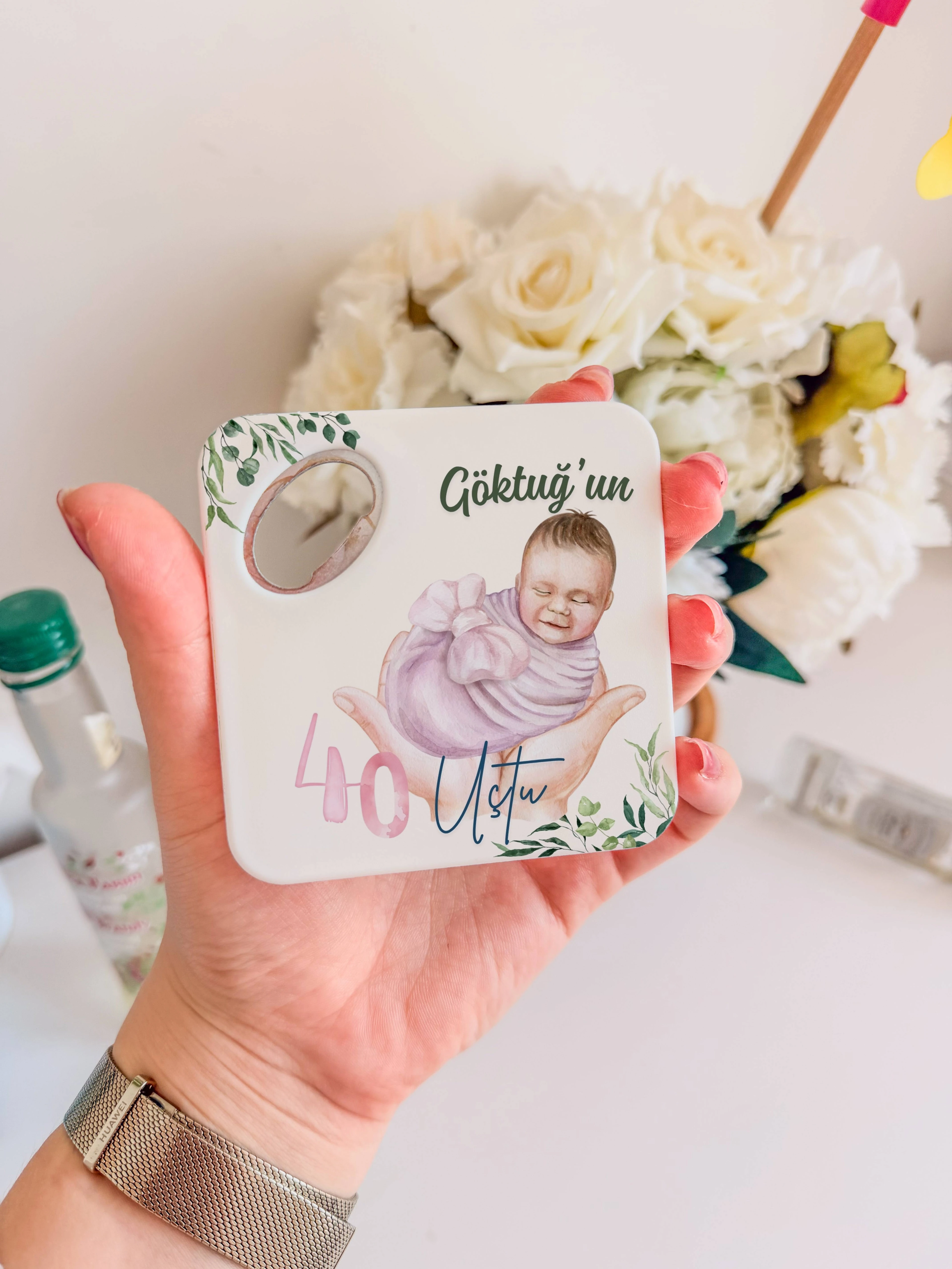 40 Ustu Bebek Temalı Kişiye Özel Magnet Açacak Bardak Altlığı, 8x8 cm, 20 Adet