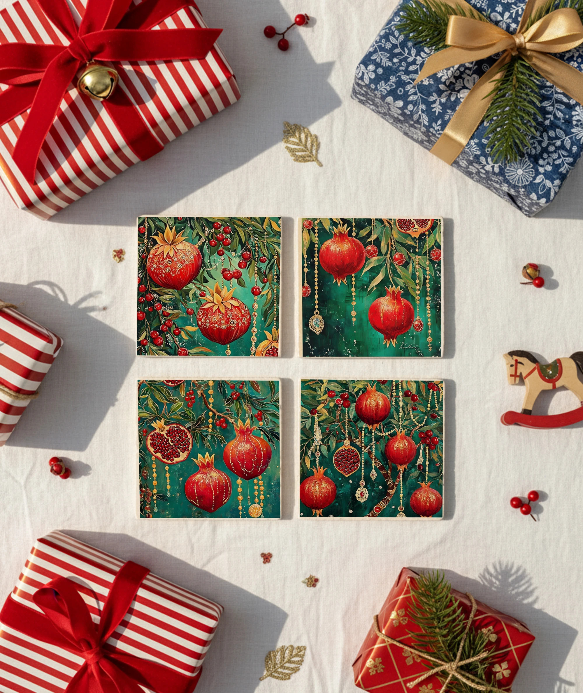 Nar Desenli Doğal Taş Bardak Altlığı, Bereket Temalı Ev Dekoru, Yılbaşı Hediyesi, 4’lü