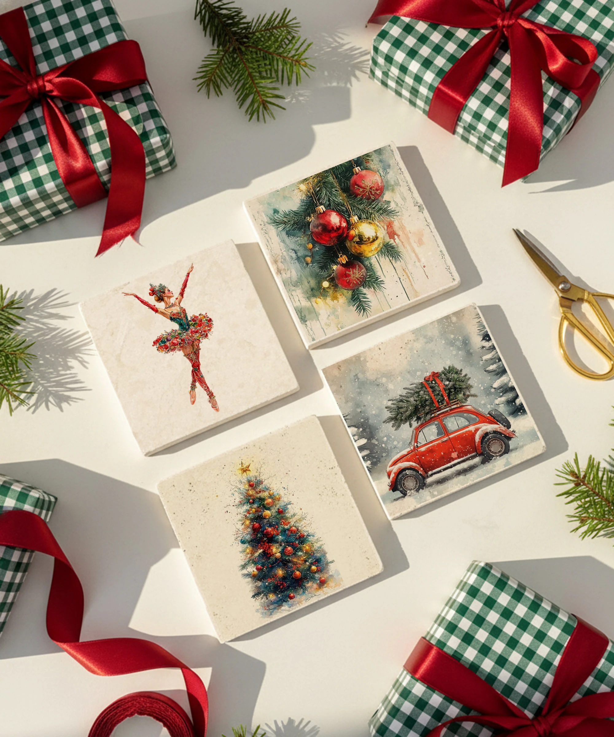 Kırmızı Araba ve Noel Süsleri Desenli Doğal Taş Bardak Altlığı, Ev Dekoru, Yılbaşı Hediyesi, 4’lü