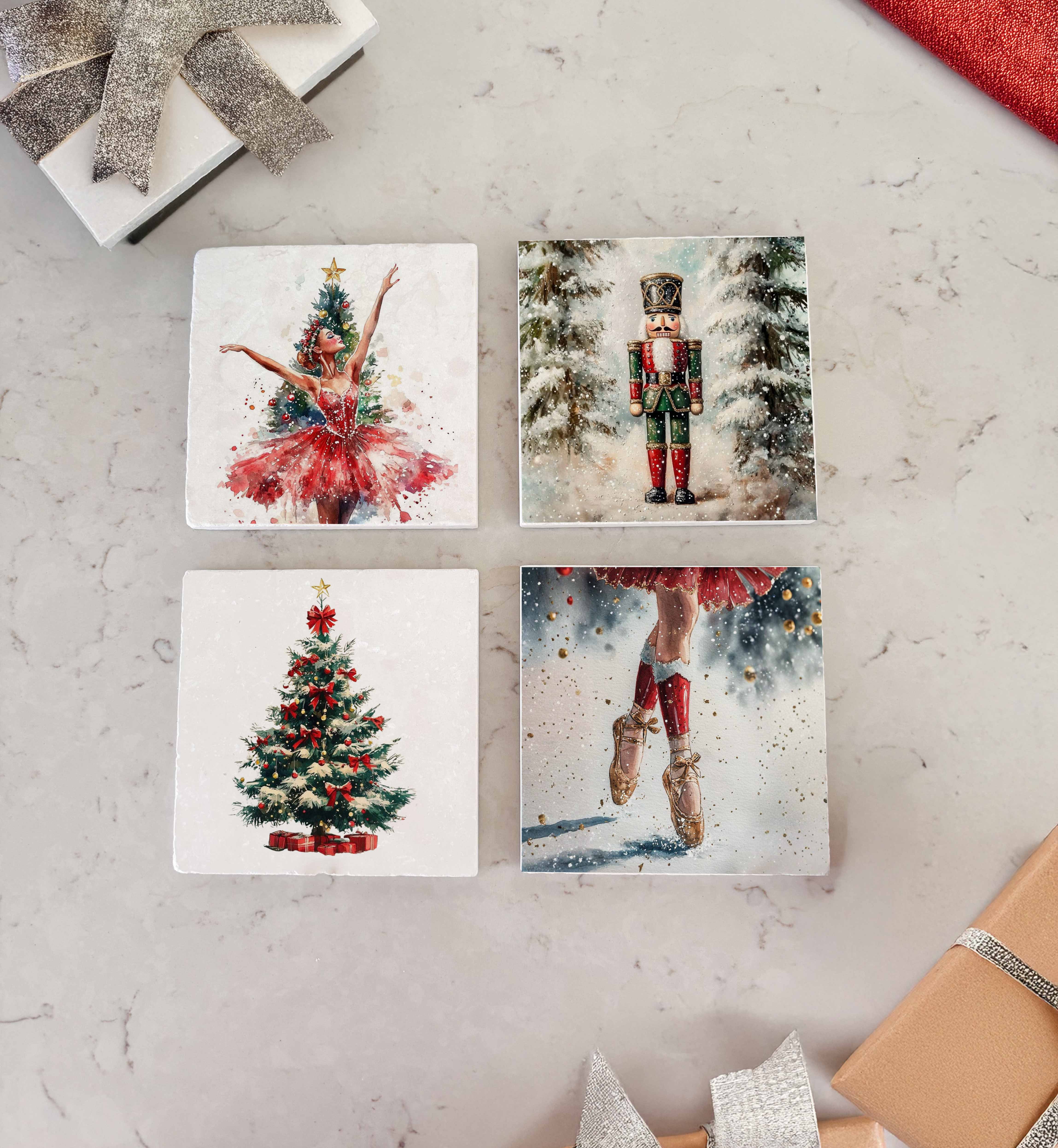 Fındıkkıran ve Balerin Desenli Doğal Taş Bardak Altlığı, Ev Dekoru, Yılbaşı Hediyesi, 4’lü