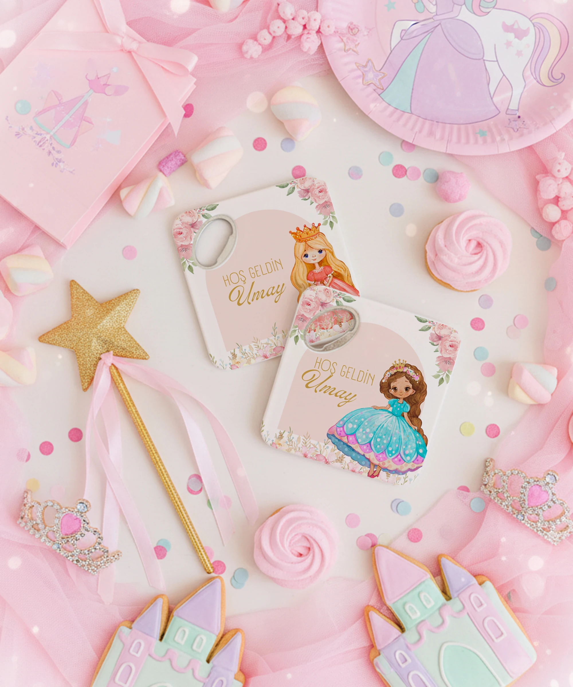 Pembe Kız Çocuk Masal Temalı Doğal Taş Magnet Açacak & Bardak Altlığı 20 Adet