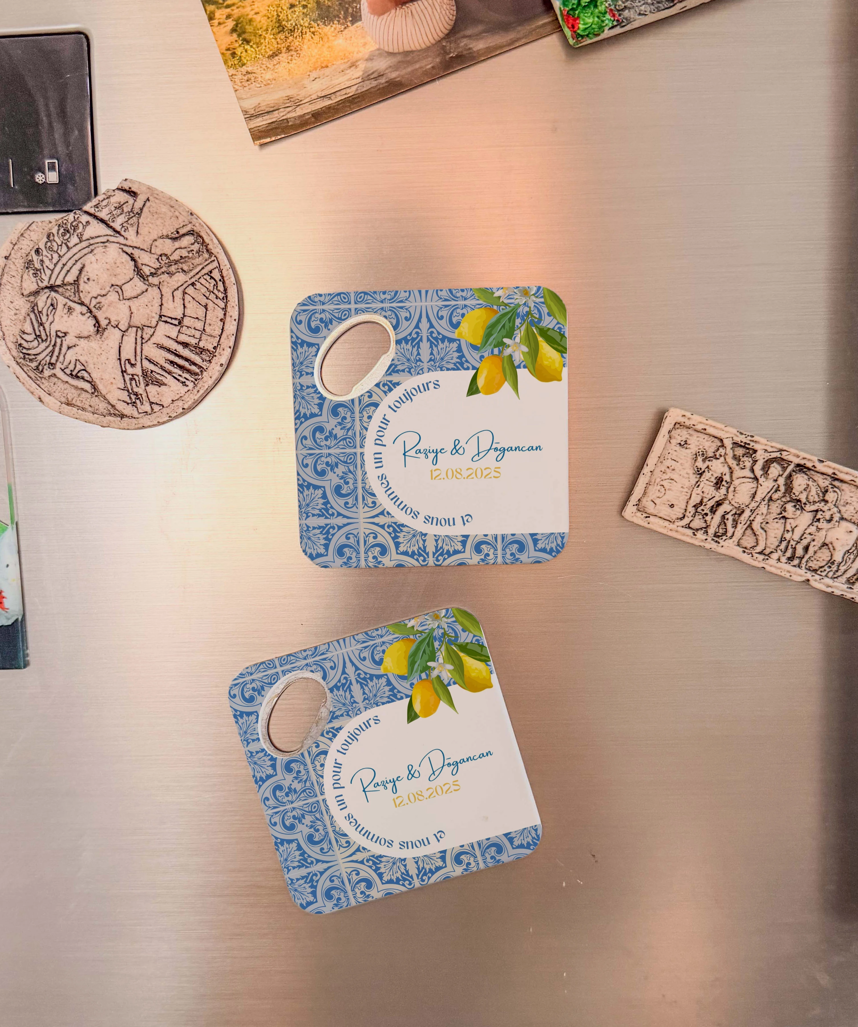 Limon desenli mavi motifli magnet açacak bardak altlığı kişiye özel düğün nişan hediyelik 20 adet
