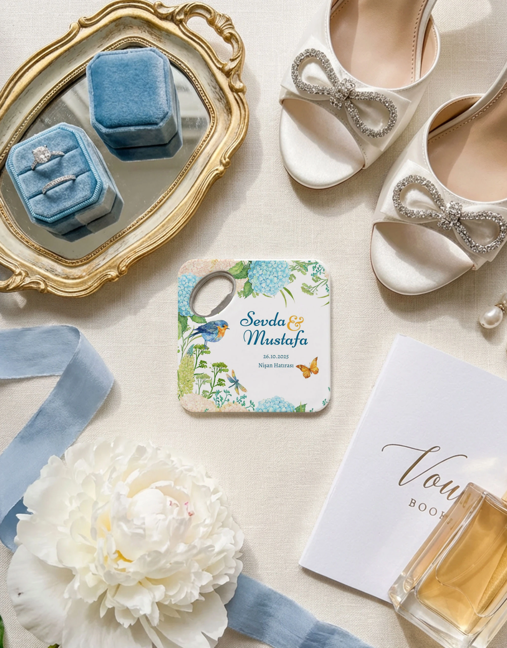 Mavi çiçekli kuş desenli tasarım magnet açacak bardak altlığı kişiye özel nişan hediyelik 20 adet