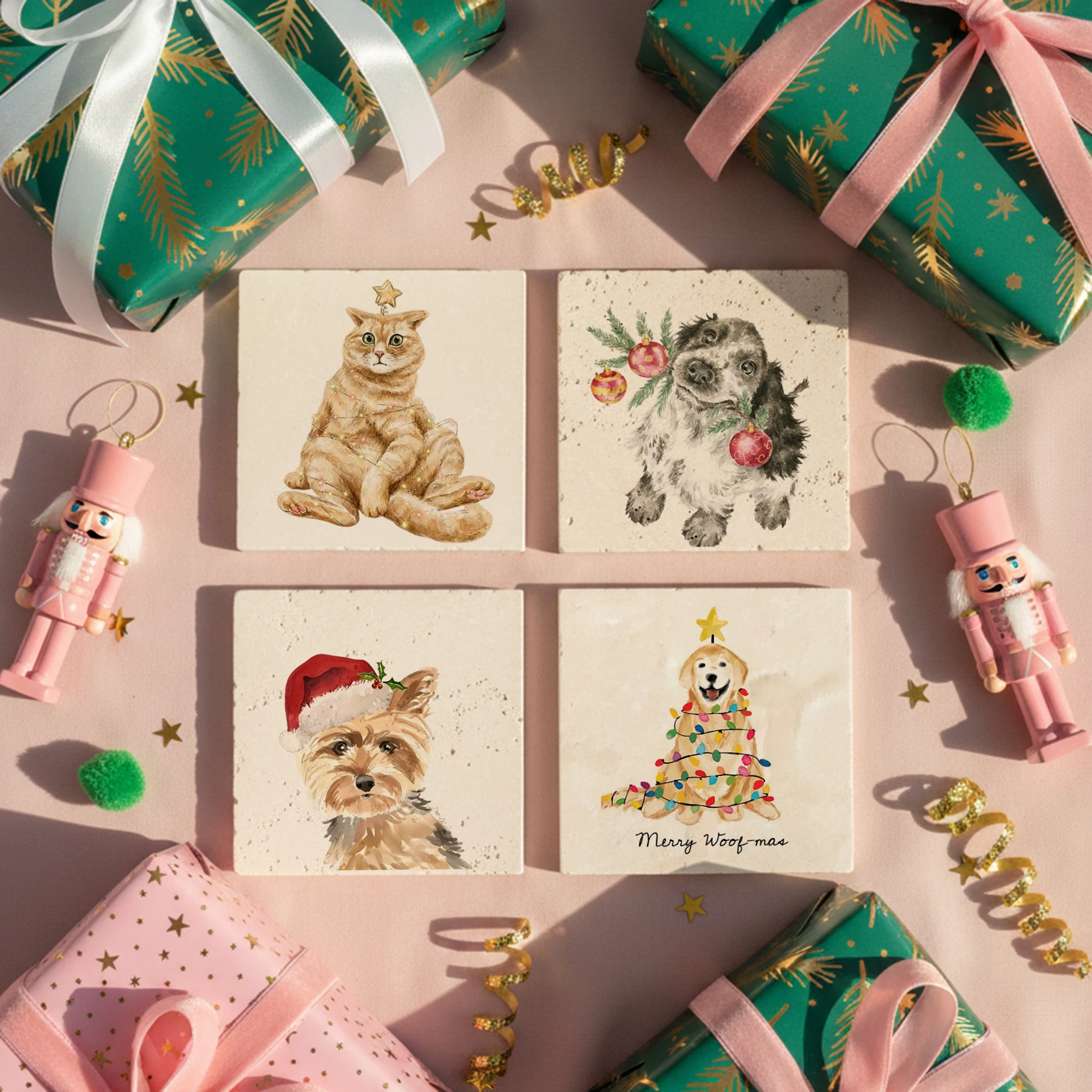 Sevimli Köpek ve Kedi Temalı Doğal Taş Bardak Altlığı, Funny Christmas Ev Dekoru, 4’lü Yılbaşı Hediyesi