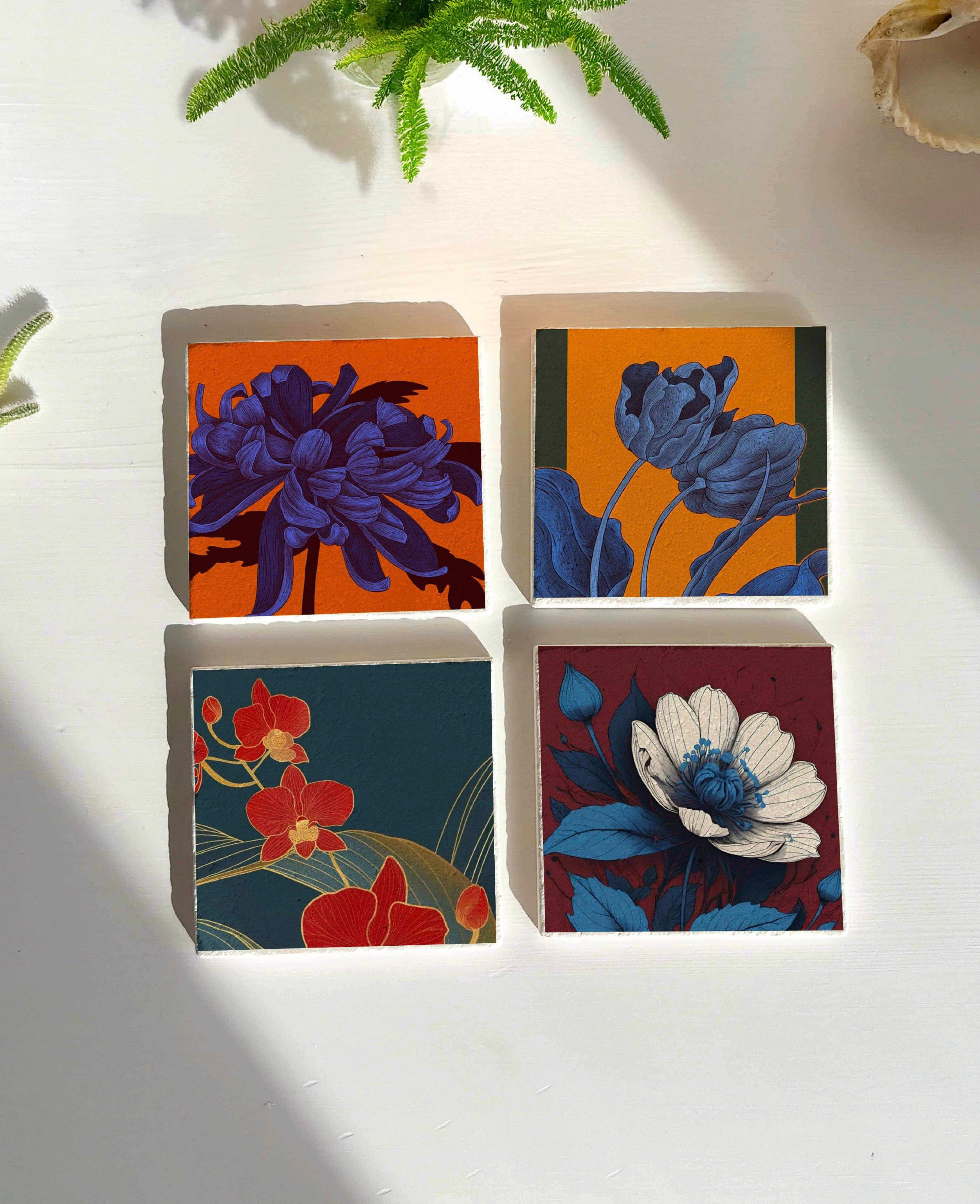Modern Çiçek Desenli Doğal Taş Bardak Altlığı Seti (4’lü Set)