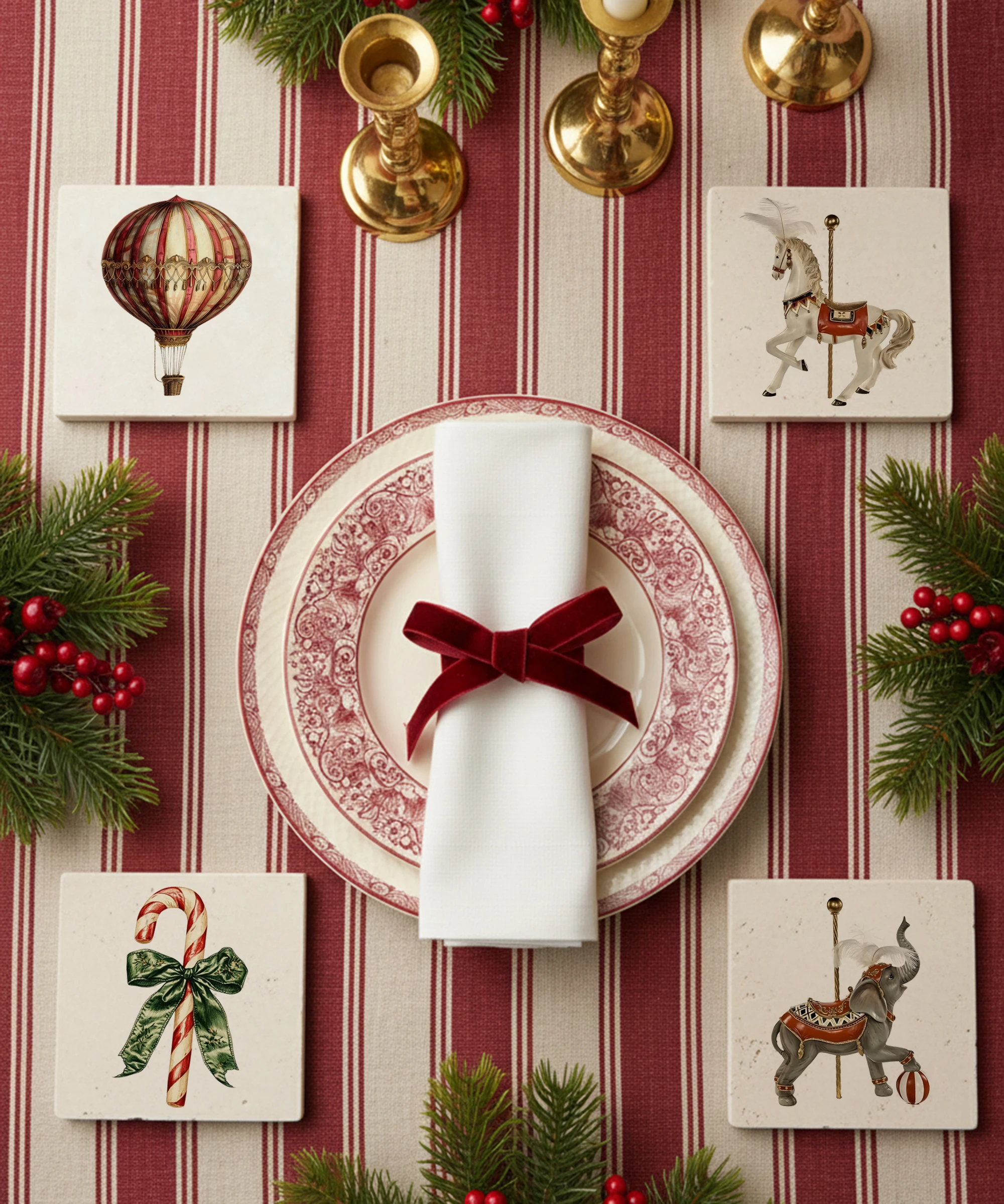 Balon, Fil, At ve Şeker Baston Desenli Doğal Taş Bardak Altlığı, Yılbaşı Hediyesi, 4’lü