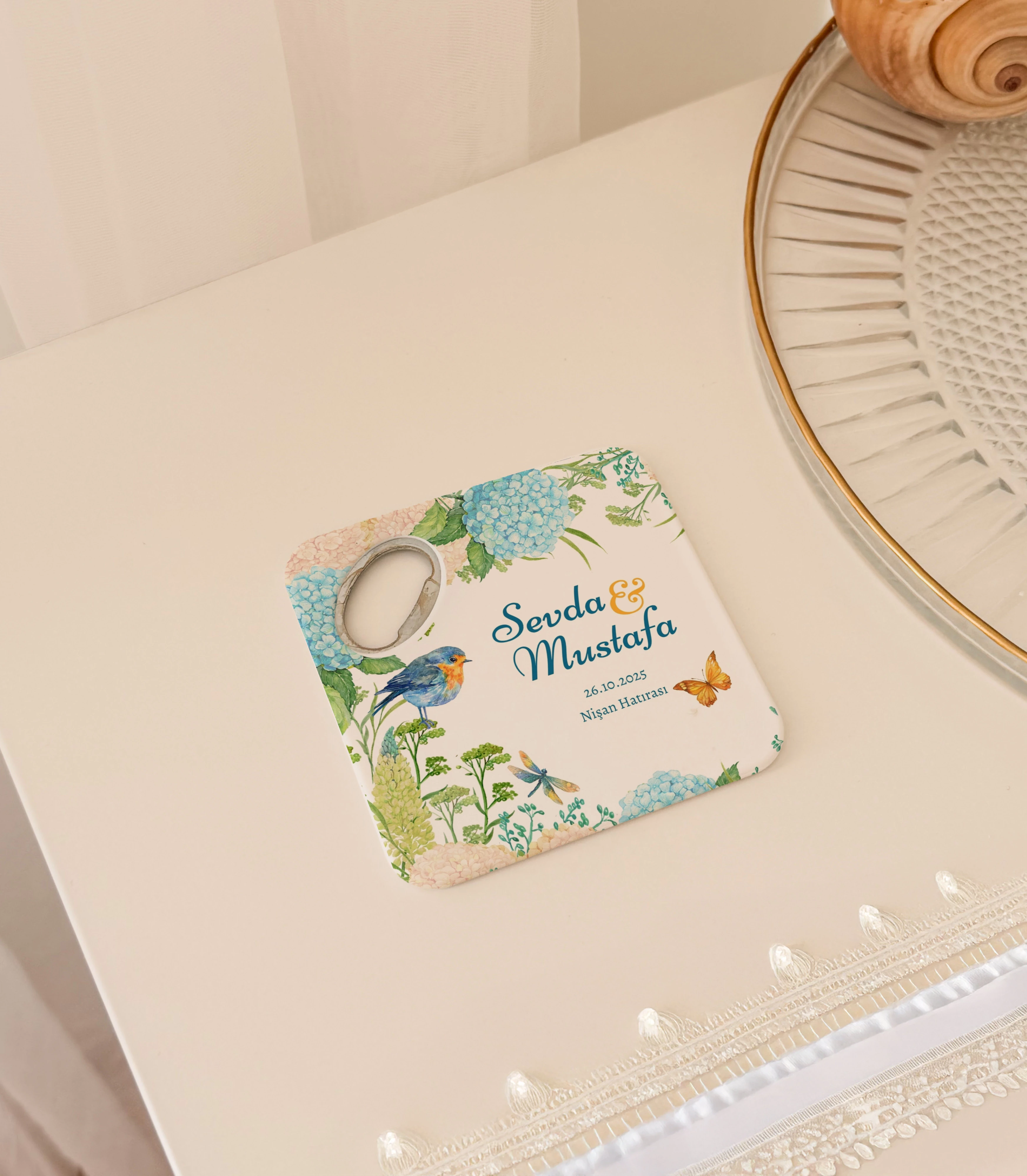 Mavi çiçekli kuş desenli tasarım magnet açacak bardak altlığı kişiye özel nişan hediyelik 20 adet