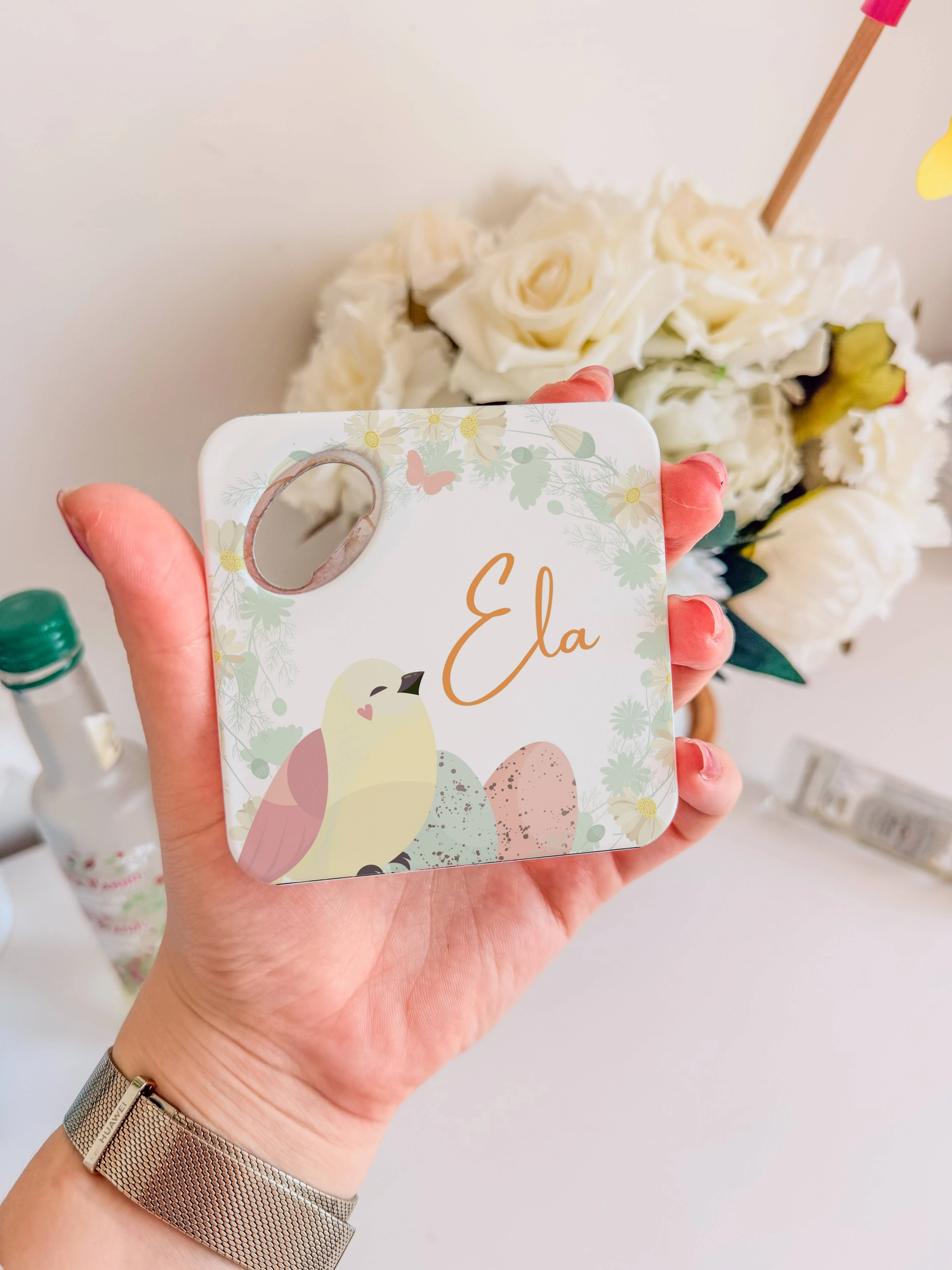 Kuş ve Yumurtalı Çiçekli Bebek Tasarım Doğal Taş Magnet Açacak & Bardak Altlığı 20 Adet