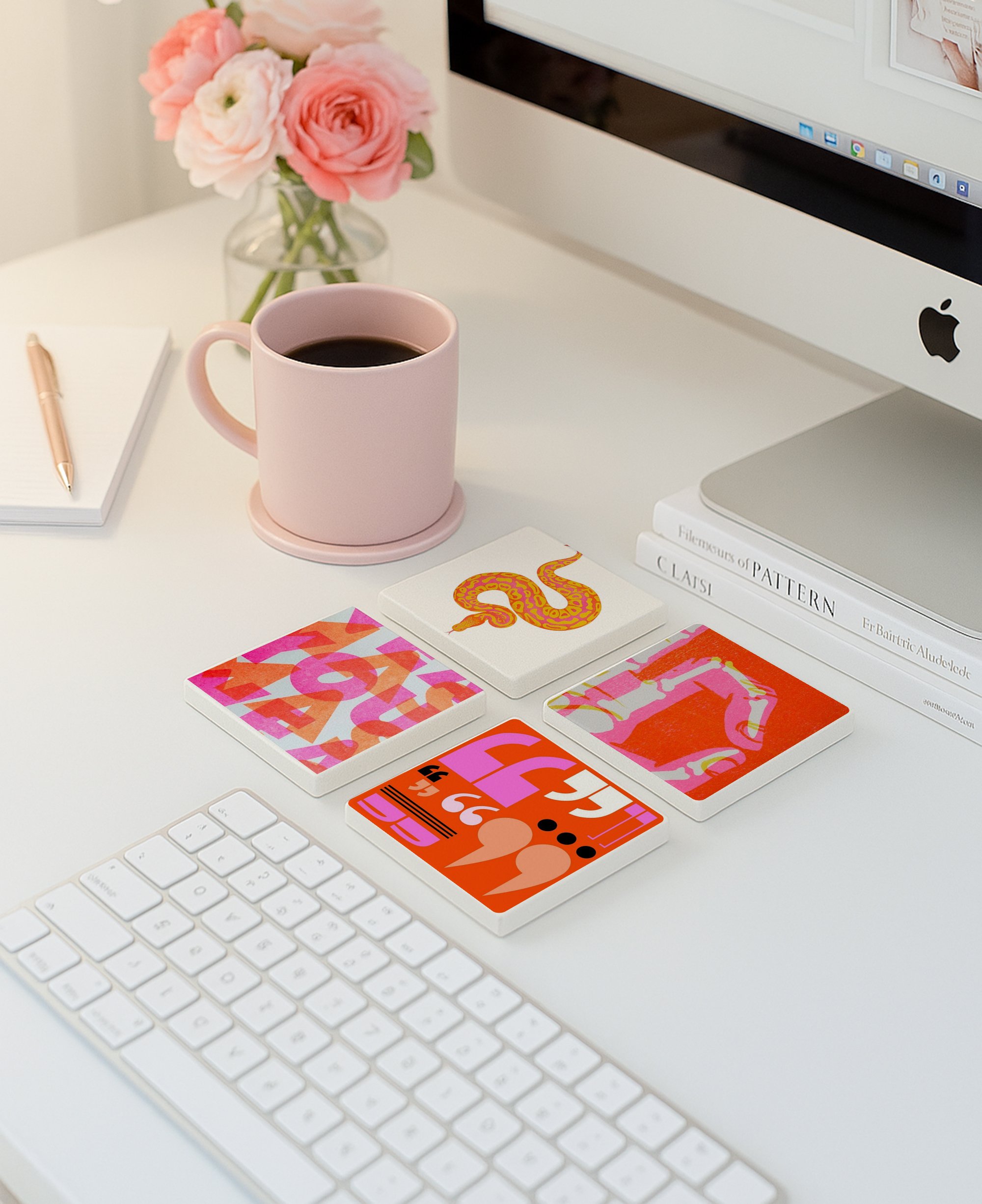 Retro Pembe Desenli Doğal Taş Bardak Altlığı, Ofis Masa Dekoru, 4 Adet