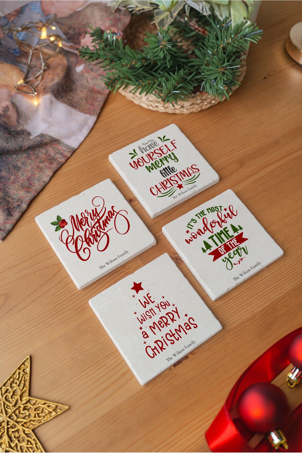 Arslat Atölye Christmas Motto Yazılı Bardak Altlığı 4’lü Set Doğal Taş Traverten (10x10 cm)