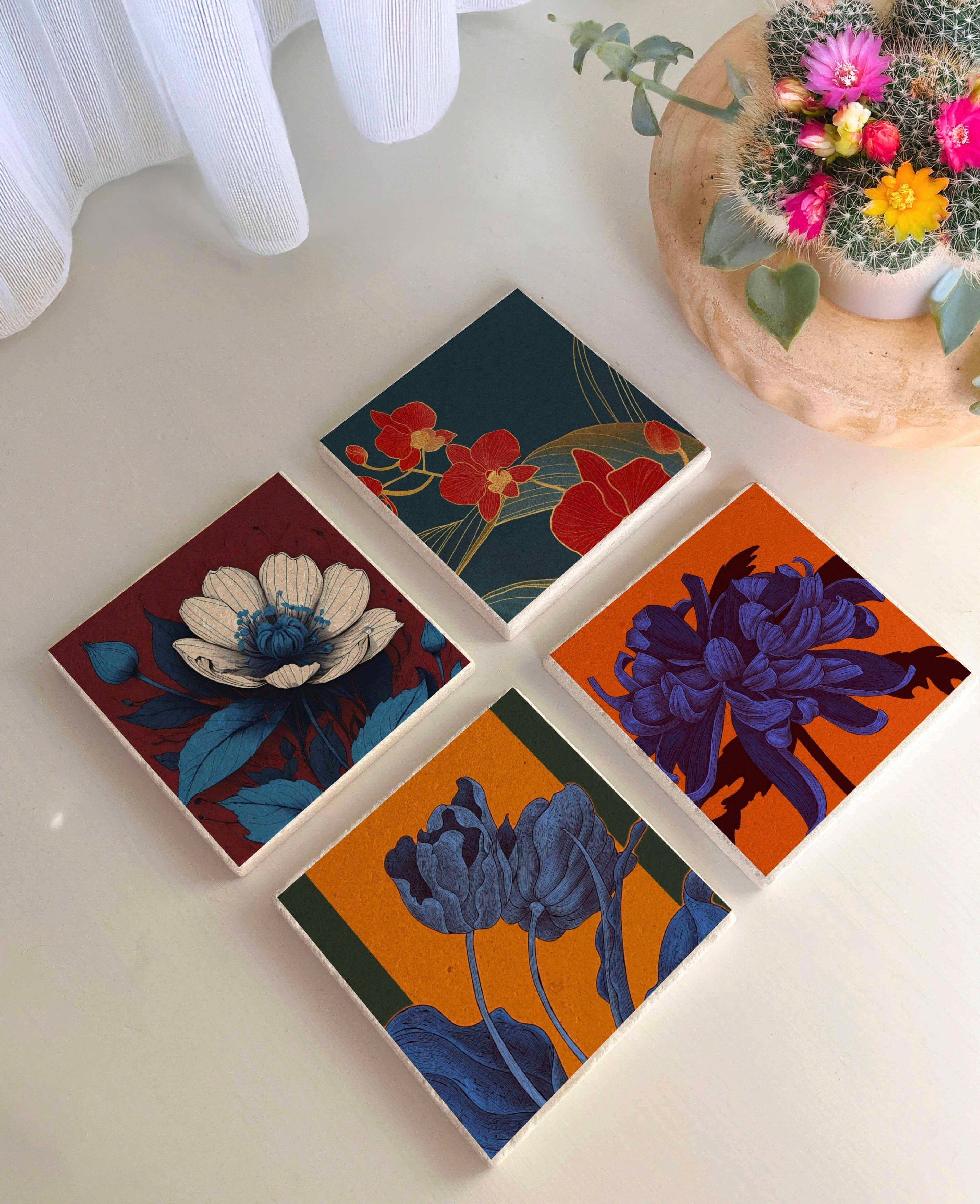 Modern Çiçek Desenli Doğal Taş Bardak Altlığı Seti (4’lü Set)