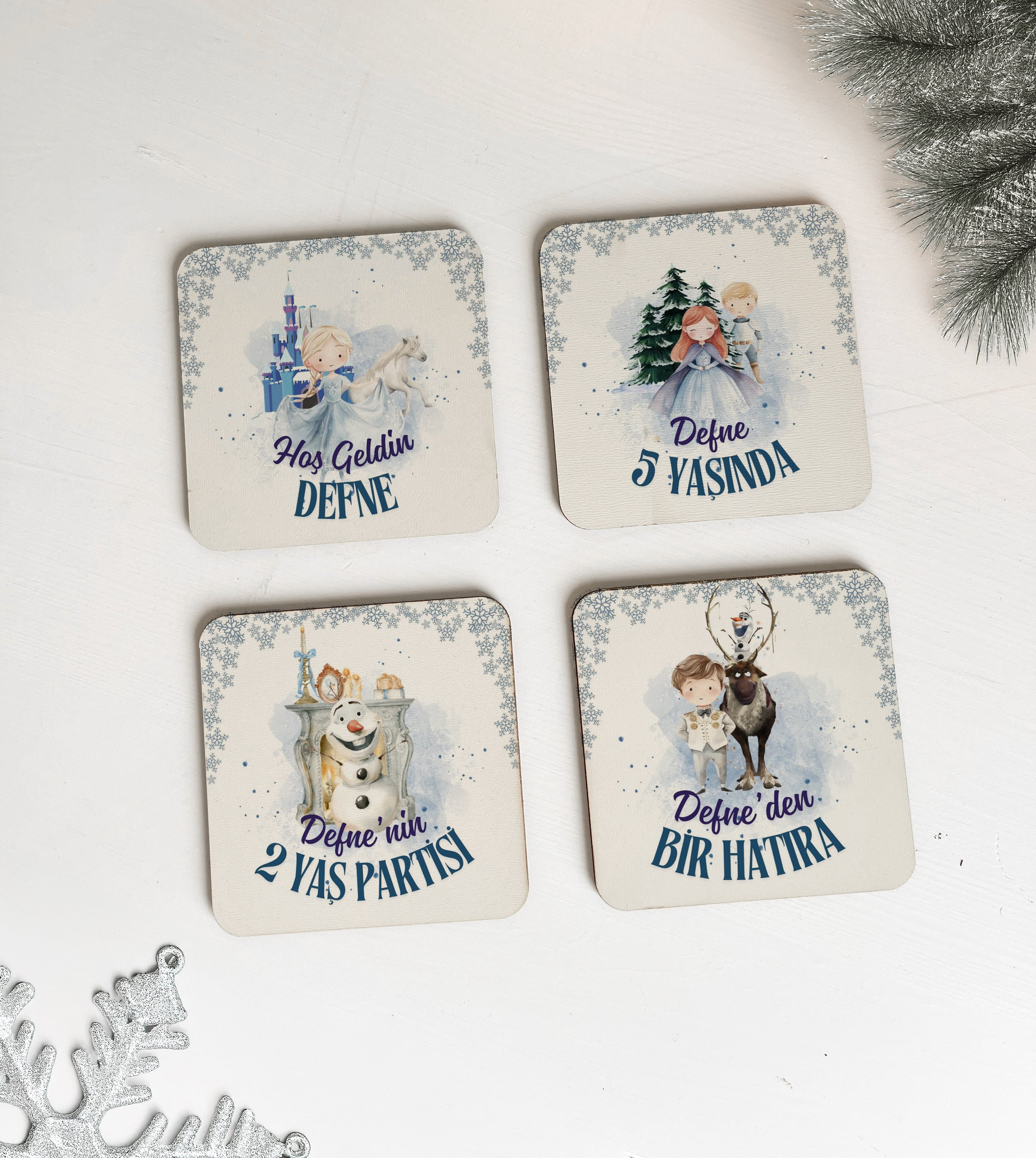 Frozen Temalı Kişiye Özel Bardak Altlığı Elsa, Anna Desenli Doğum Günü Hediyesi 24 Adet