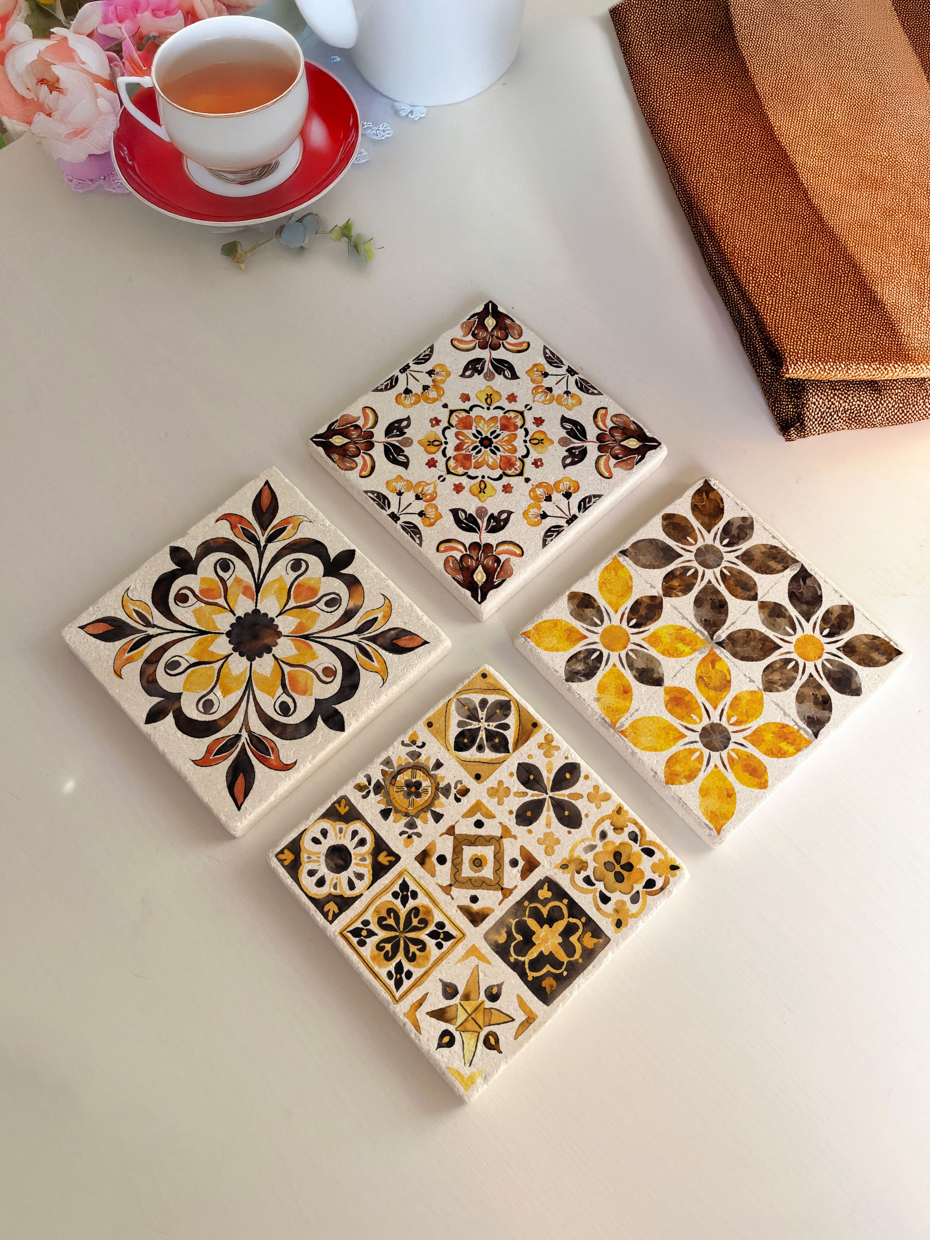 Vintage Desenli Doğal Taş Bardak Altlığı - 4'lü Set