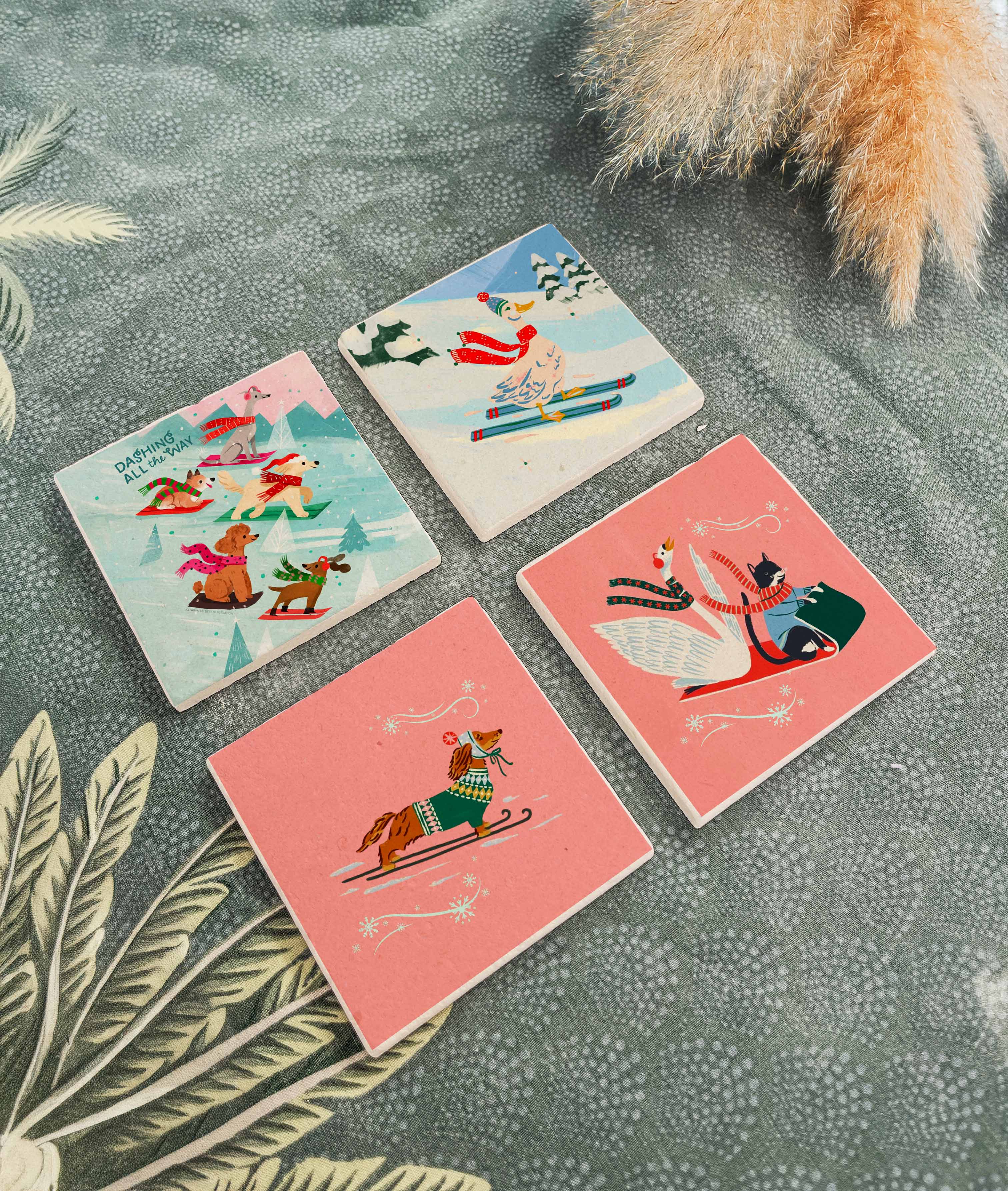 Kayak ve Kızak Desenli Doğal Taş Bardak Altlığı, Neşeli Kış Teması, Yılbaşı Hediyesi, 4’lü