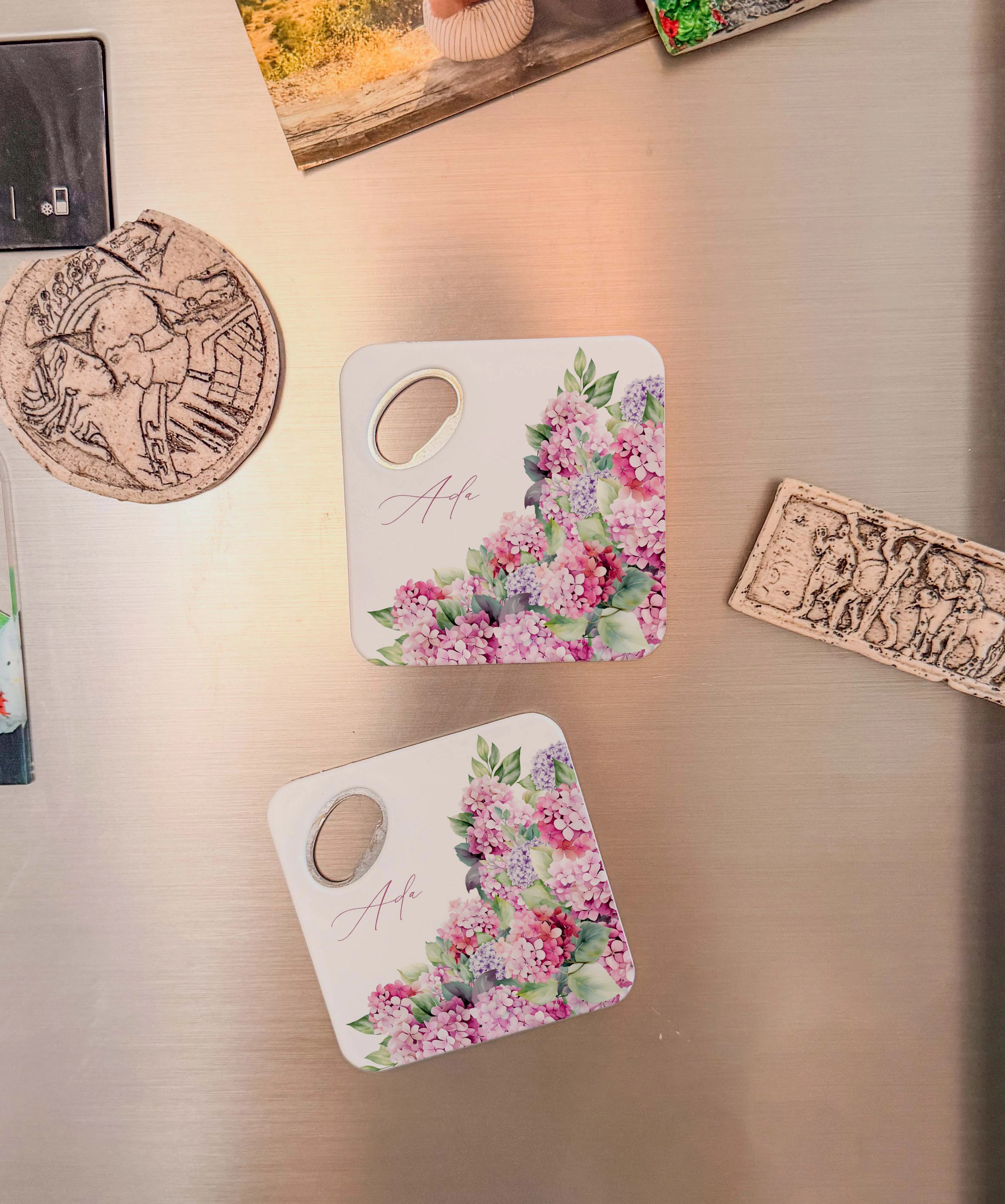 Pembe lila çiçek desenli kişiye özel magnet açacak bardak altlığı düğün nişan hediyelik 20 adet