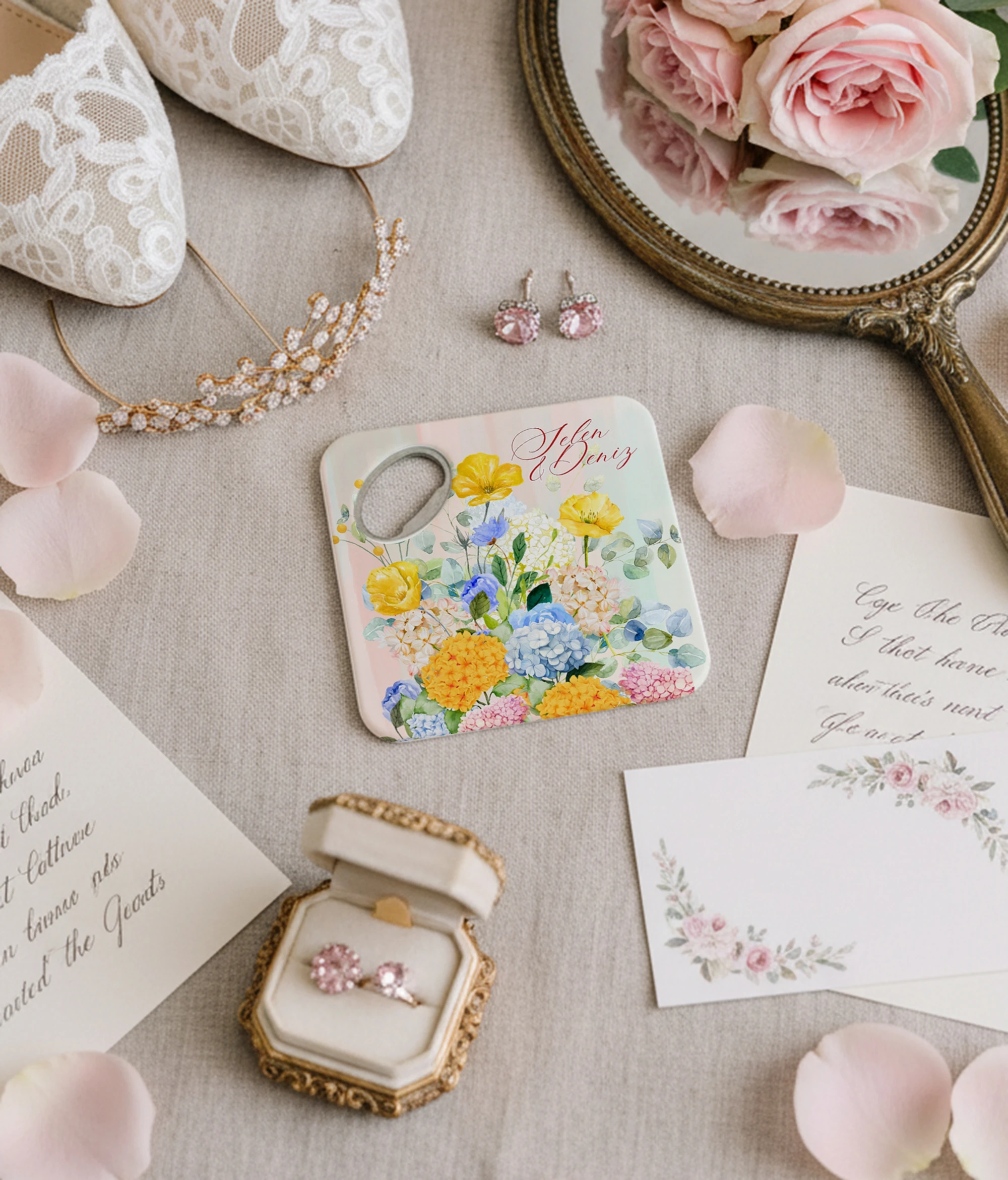 Pastel çiçek desenli kişiye özel magnet açacak bardak altlığı düğün nişan bebek 20 adet