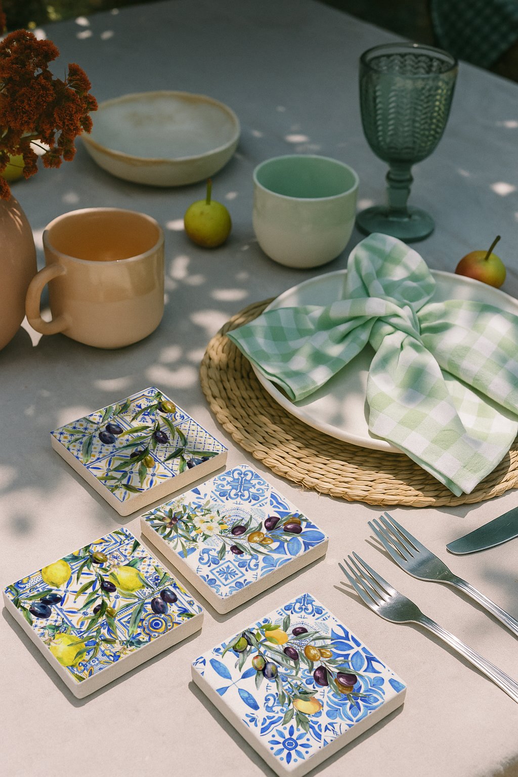 Ege Desenli Zeytin ve Limon Figürlü Doğal Taş Bardak Altlığı 4’lü Set