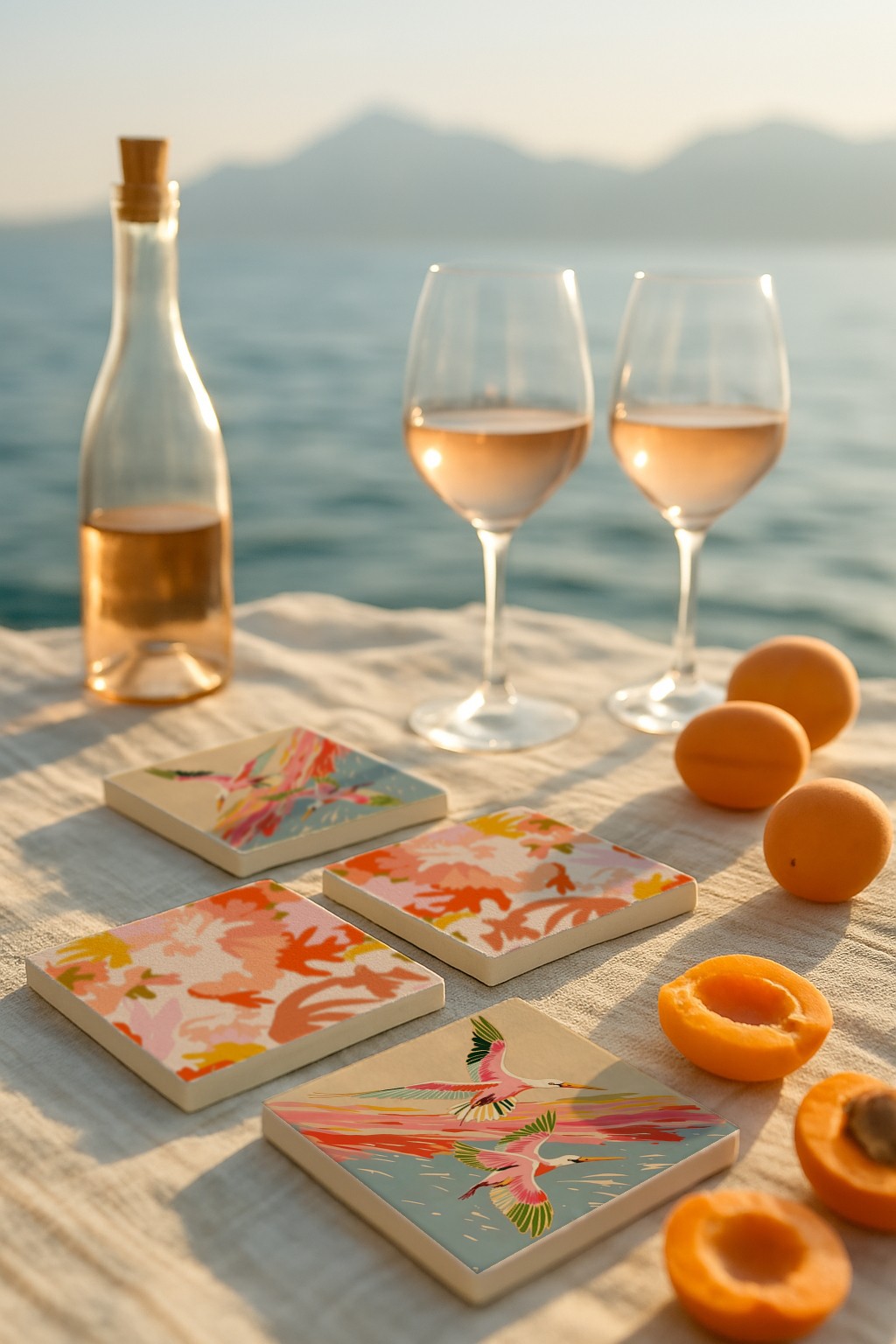 Renkli leylek Kuş ve Doğa Desenli Doğal Taş Bardak Altlığı 4’lü Set 10x10 cm