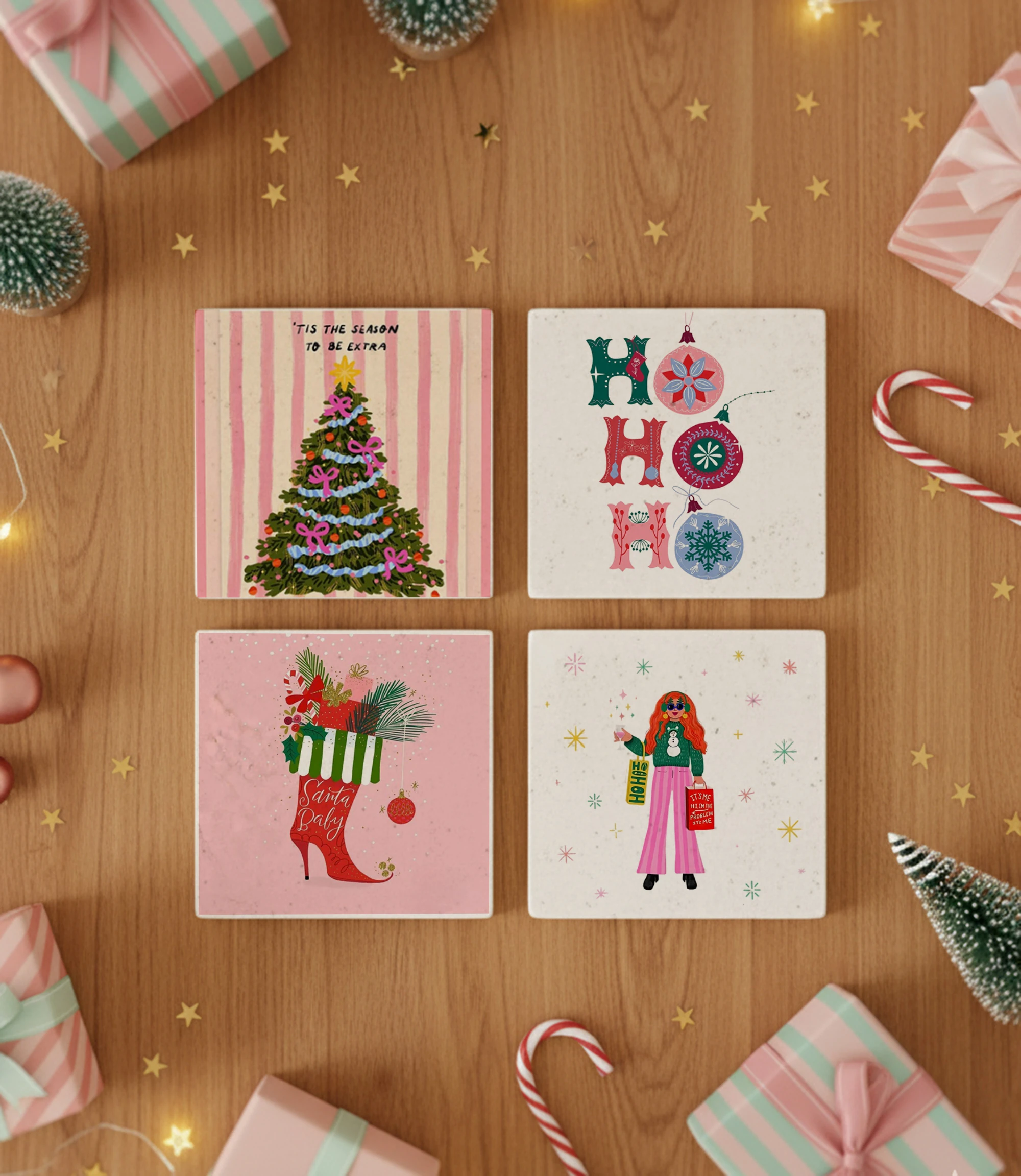 Pembe Yılbaşı Temalı Doğal Taş Bardak Altlığı, Modern Christmas Tasarımı, Yılbaşı Hediyesi, 4’lü