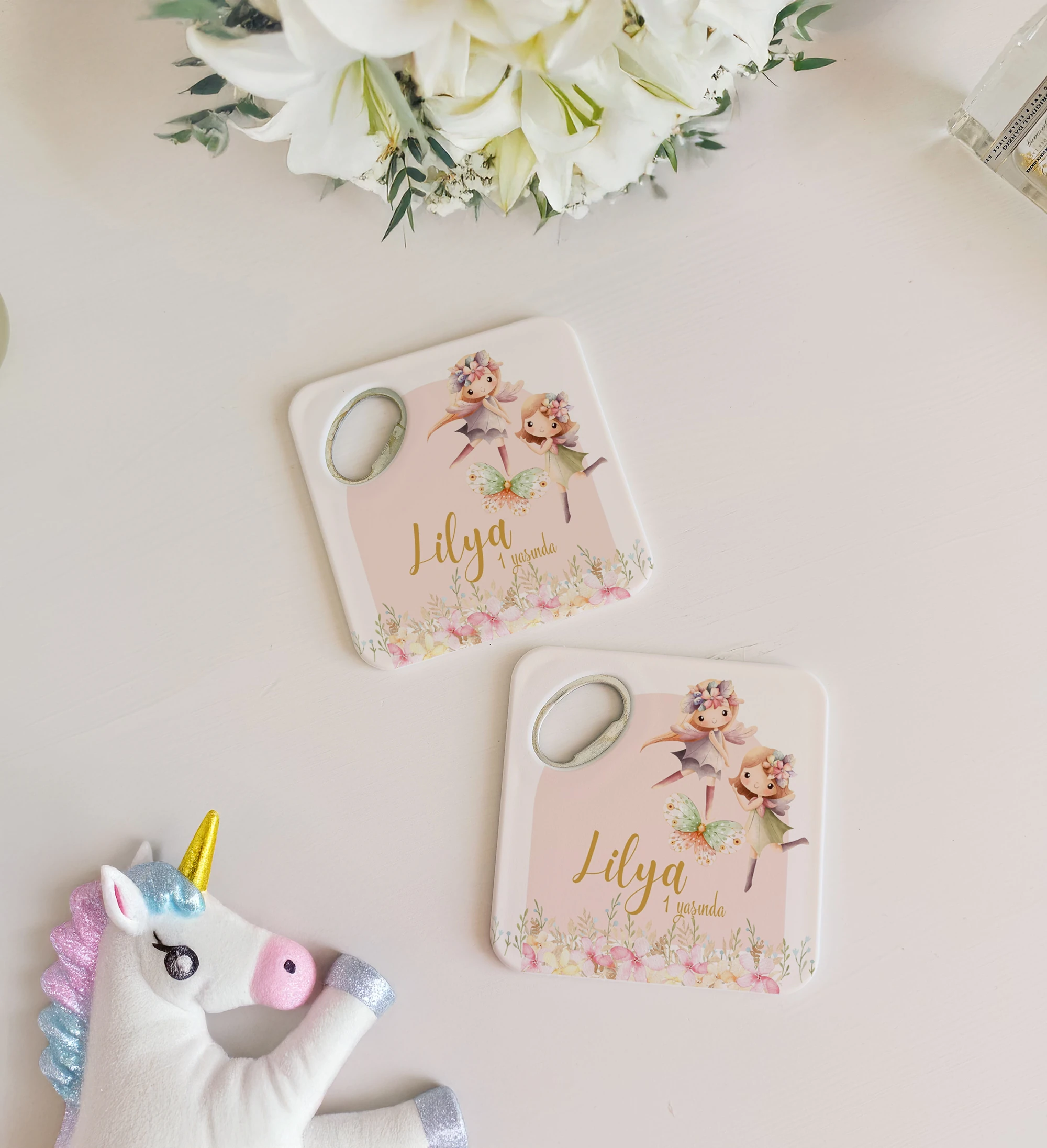 Pembe Kız Çocuk Masal Temalı Doğal Taş Magnet Açacak & Bardak Altlığı 20 Adet