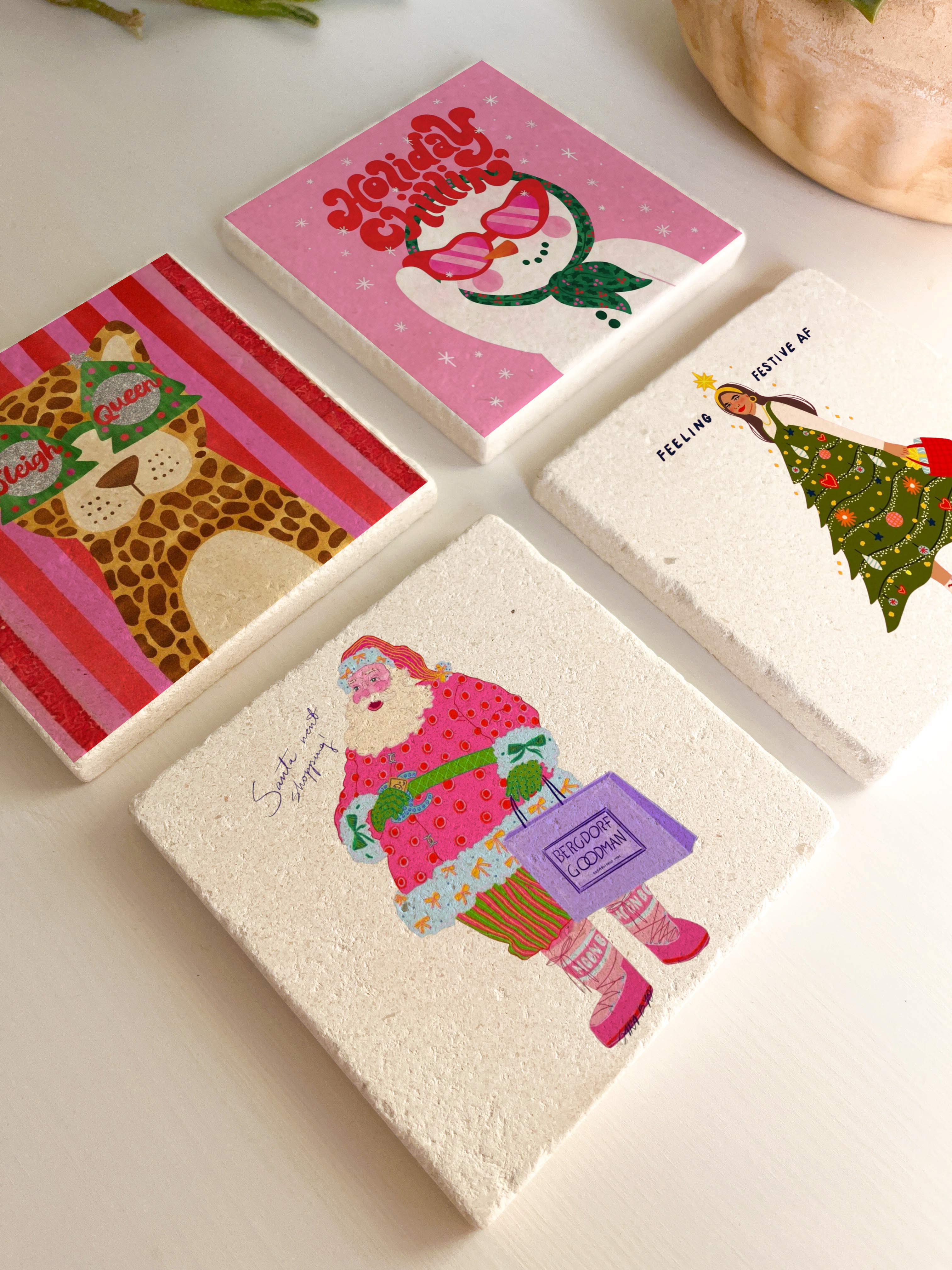 Renkli Noel Karakterli Doğal Taş Bardak Altlığı, Yılbaşı Hediyesi, Ev Dekoru, 4’lü