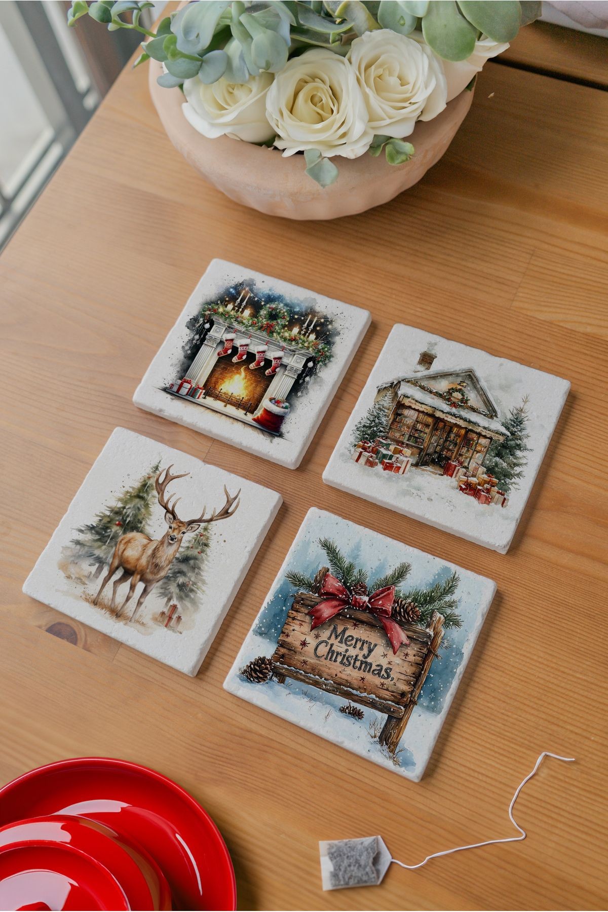 Arslat Atölye Yılbaşı Geyik ve Noel Baba Temalı Doğal Taş Bardak Altlığı 4’lü Set (10x10 cm)