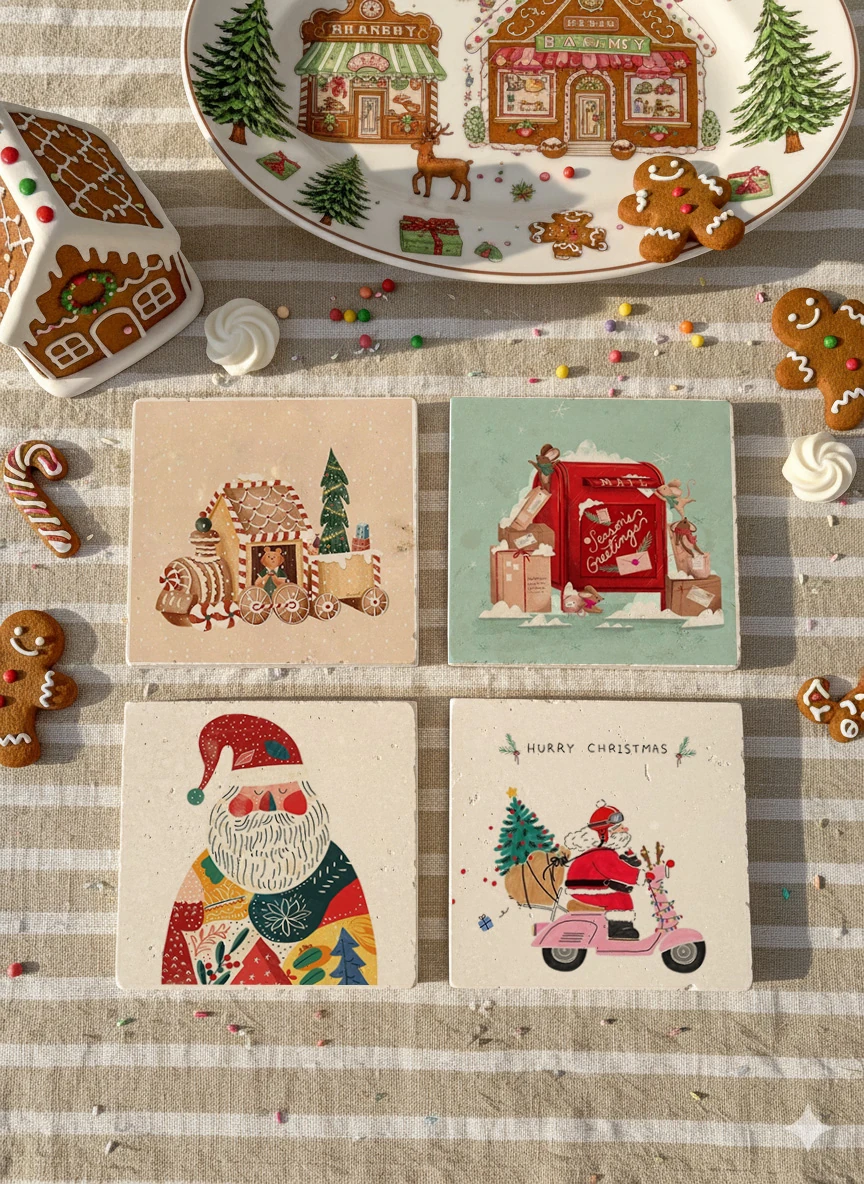 Eğlenceli Noel Baba ve Yılbaşı Temalı Doğal Taş Bardak Altlığı, Zencefilli Ev Desenli, 4’lü