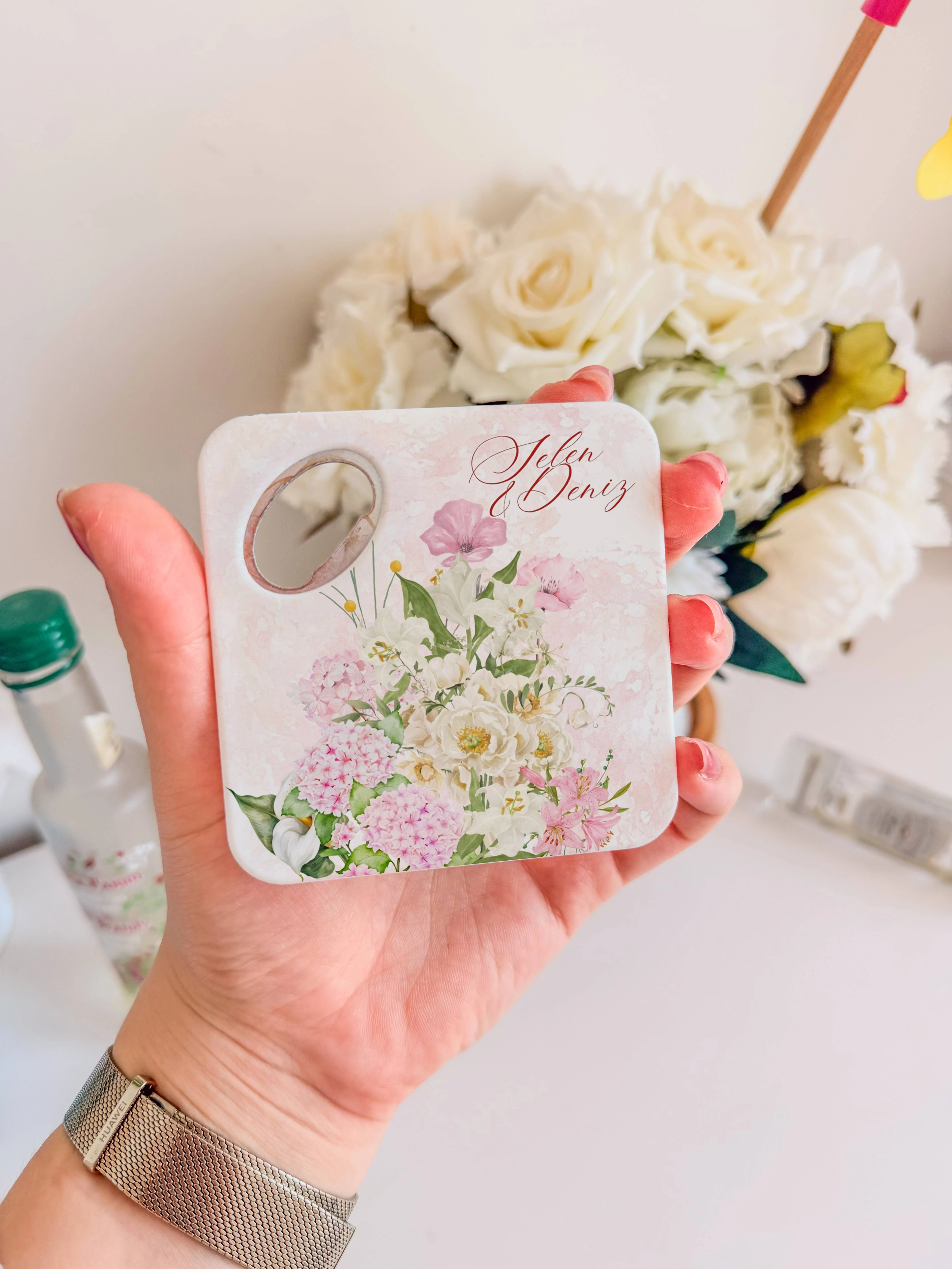 Pudra çiçek desenli kişiye özel magnet açacak bardak altlığı düğün nişan bebek 20 adet