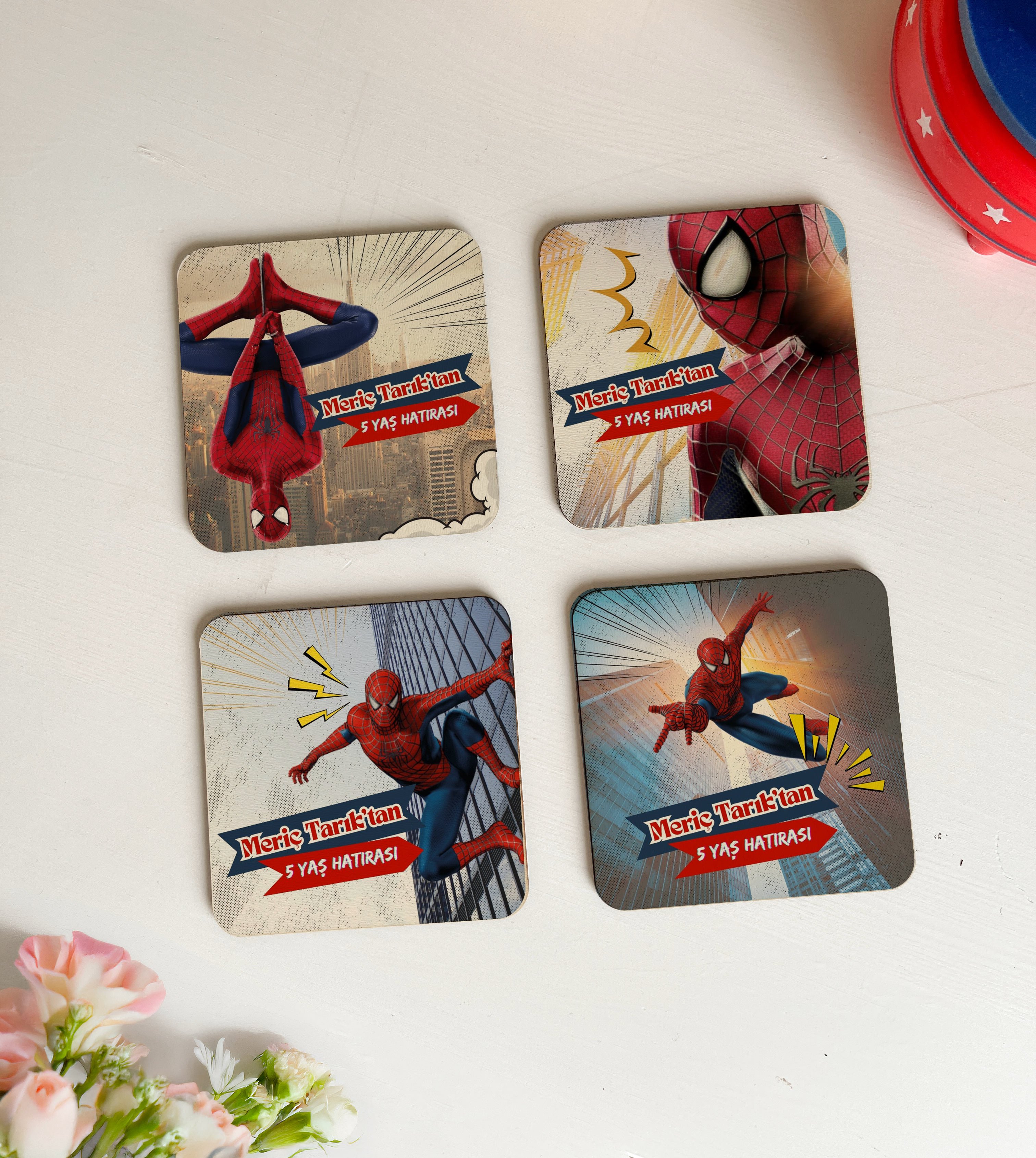 Spiderman Örümcek Adam Temalı 24’lü Ahşap Bebek Doğum Günü Hediyeliği Bardak Altlığı