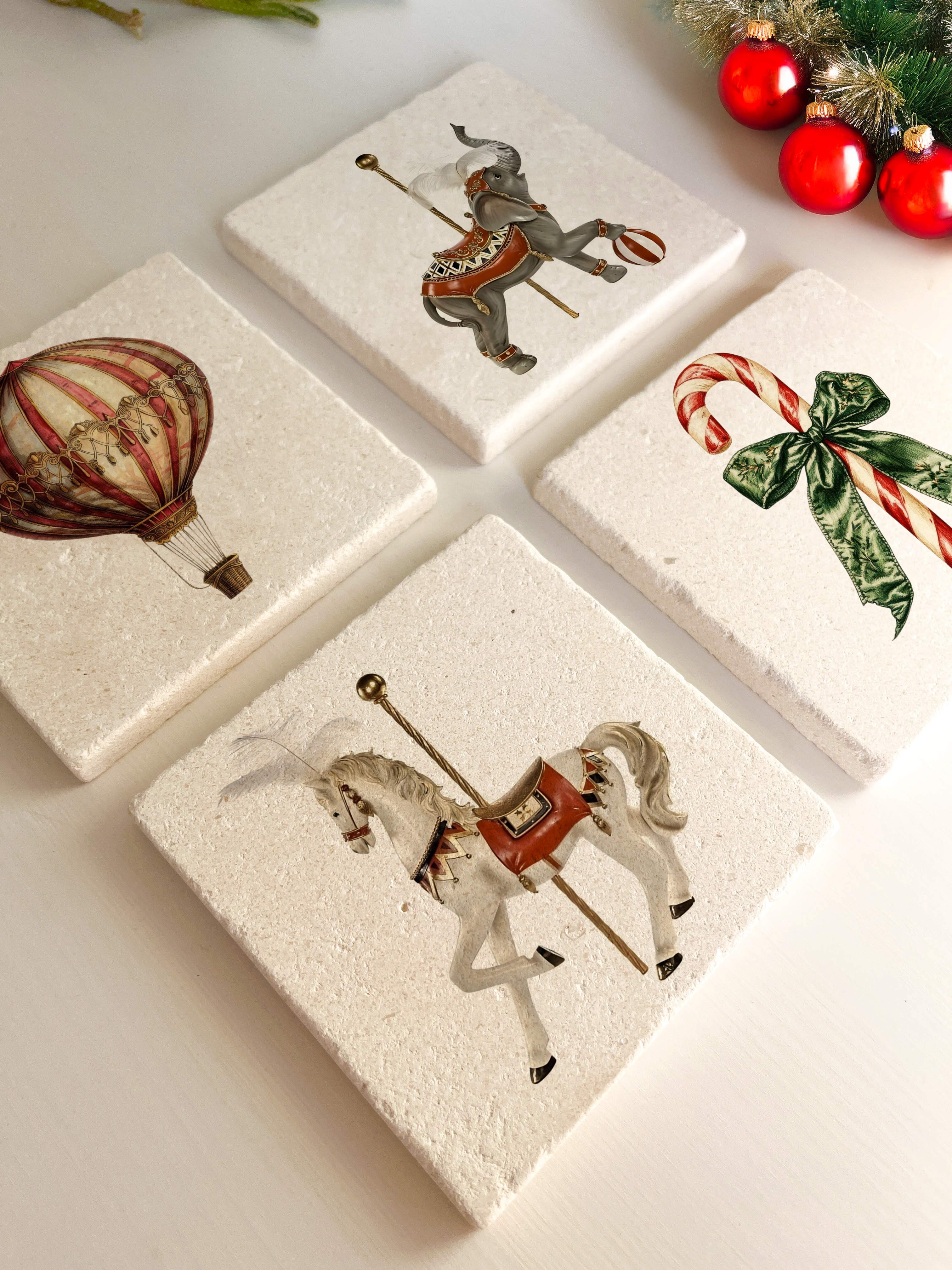 Balon, Fil, At ve Şeker Baston Desenli Doğal Taş Bardak Altlığı, Yılbaşı Hediyesi, 4’lü