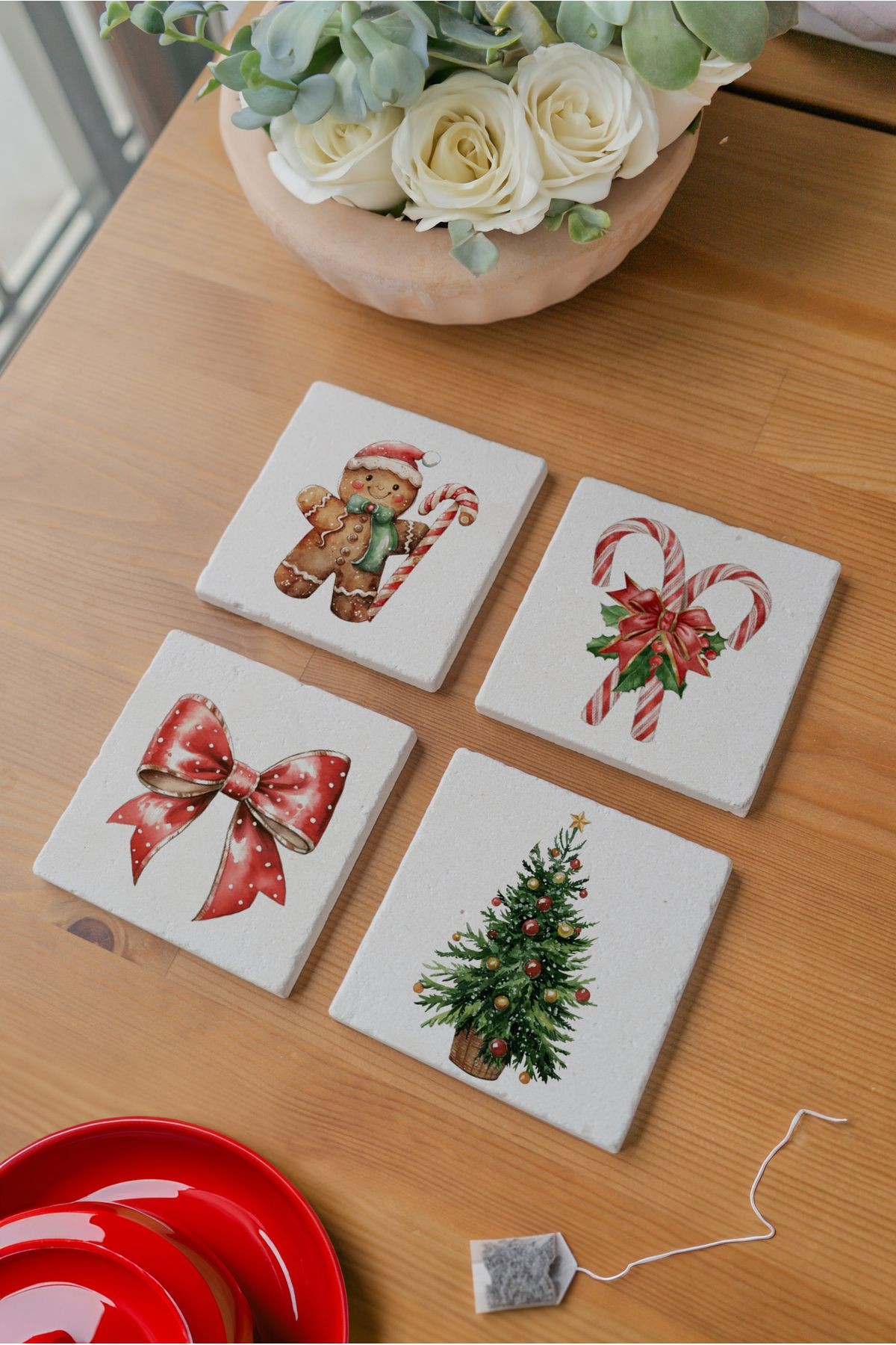 Atölye Gingerbread ve Şeker Temalı Bardak Altlığı 4’lü Set Doğal Taş Traverten (10x10 cm)