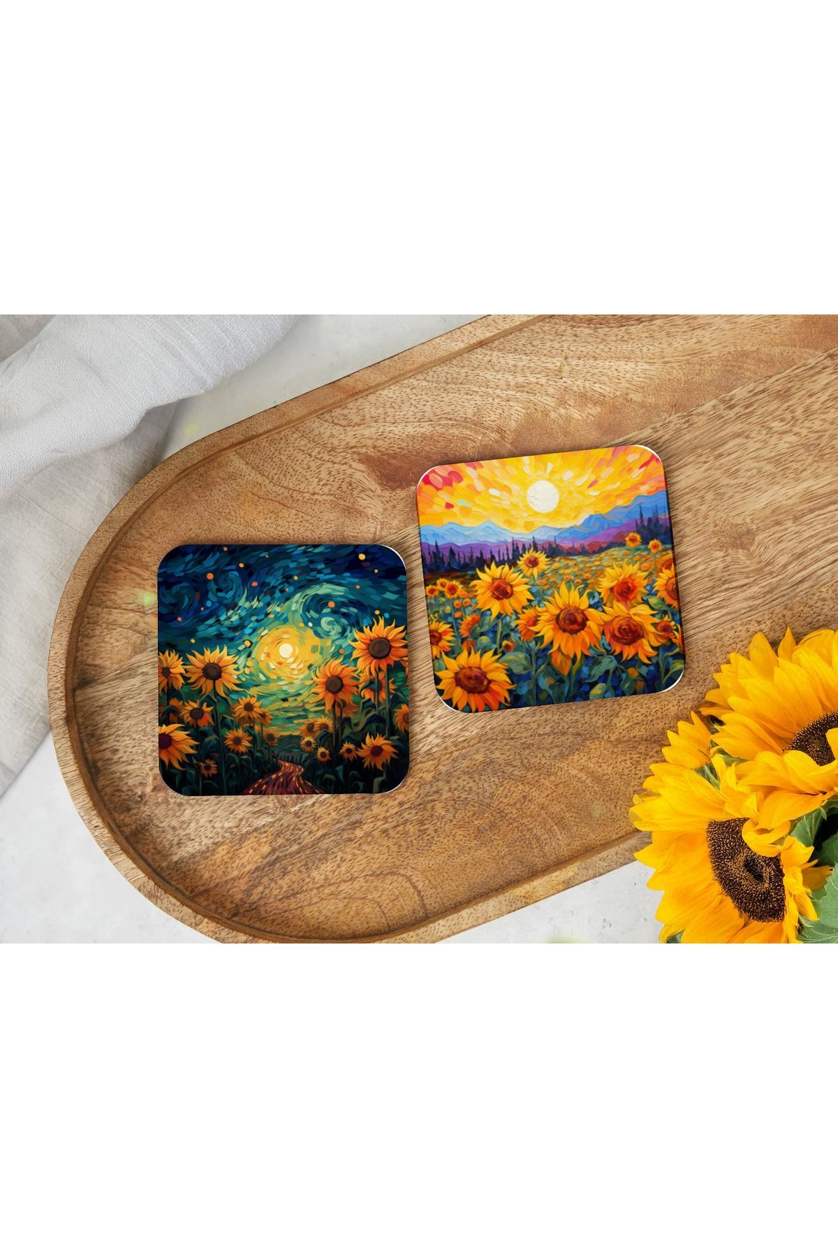 Atölye Ayçiçeği Sanatı Ahşap Bardak Altlığı 4’lü Set (10x10 cm)