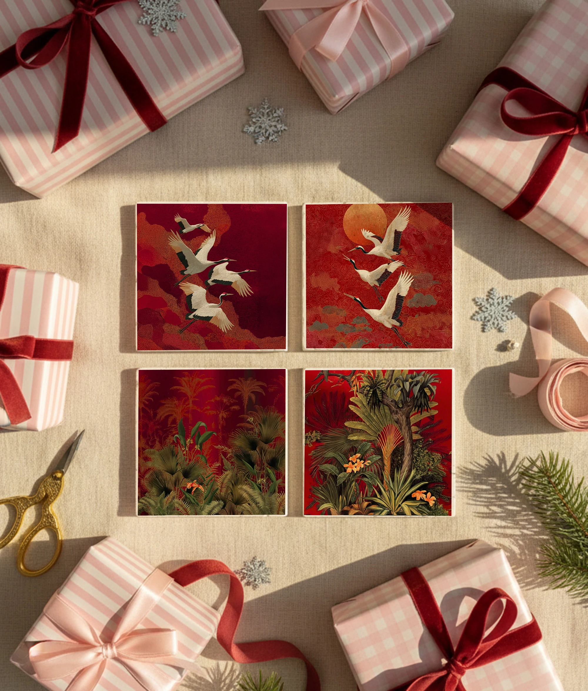 Kırmızı Turna Kuşu ve Tropikal Desenli Doğal Taş Bardak Altlığı, Lüks Ev Dekoru, Yılbaşı Hediyesi, 4’lü