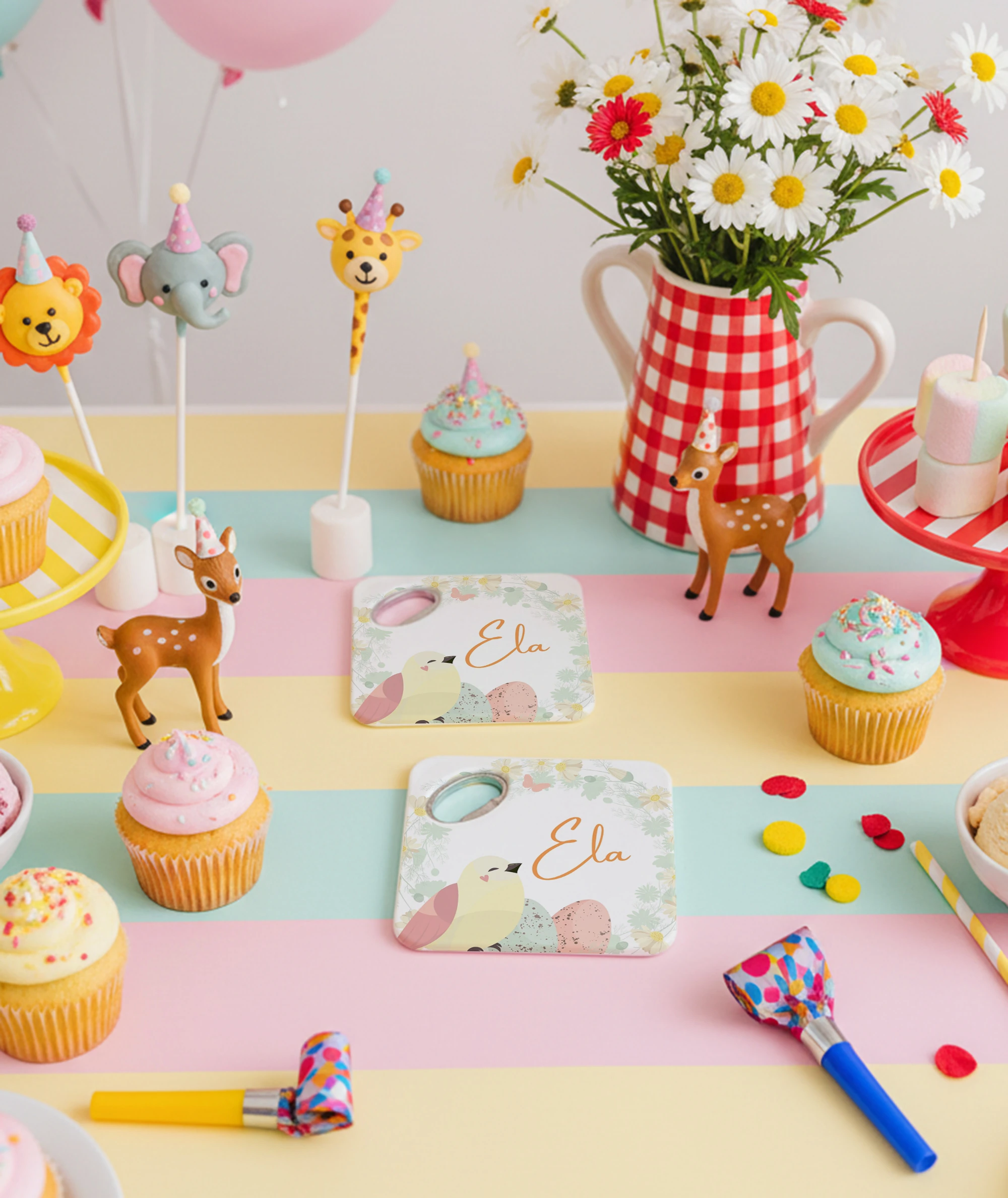 Kuş ve Yumurtalı Çiçekli Bebek Tasarım Doğal Taş Magnet Açacak & Bardak Altlığı 20 Adet