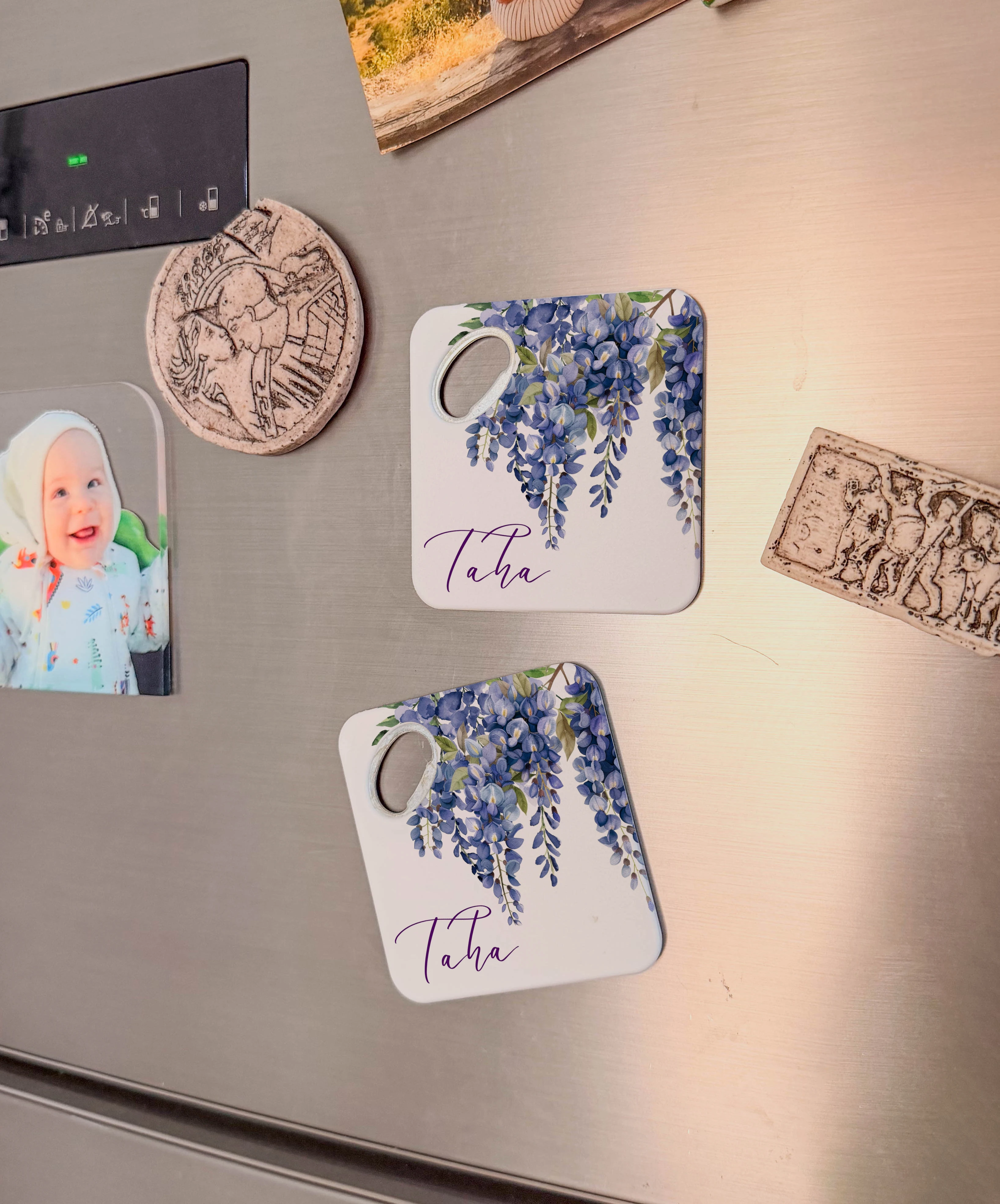 Mor çiçek desenli kişiye özel magnet açacak bardak altlığı düğün nişan bebek hediyelik 20 adet