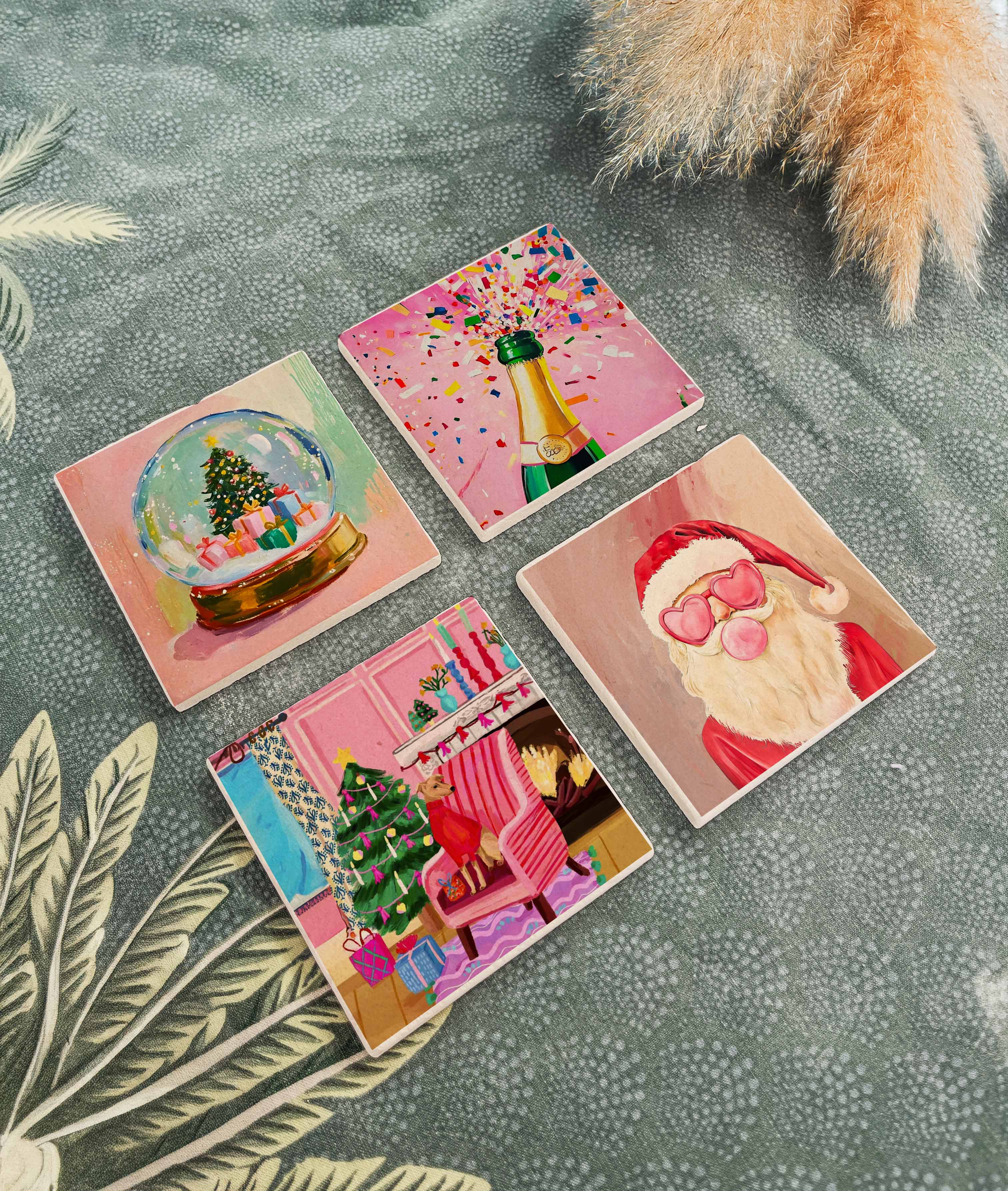 Eğlenceli Noel Baba ve Şampanya Temalı Doğal Taş Bardak Altlığı, Cozy Christmas Dekoru, Yılbaşı Hediyesi, 4’lü