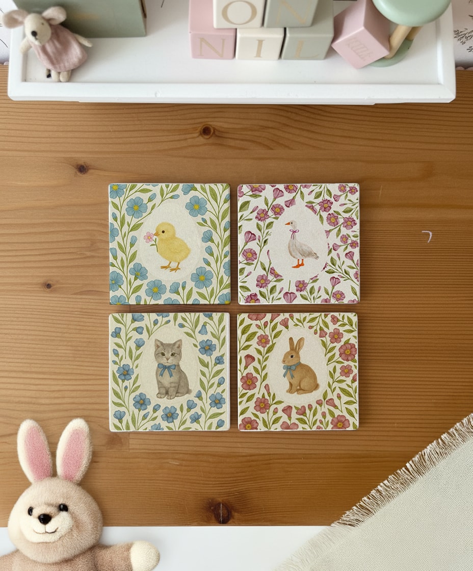 Bebek Hayvanlar Pastel Çiçek Desenli Doğal Taş Bardak Altlığı 4 adet