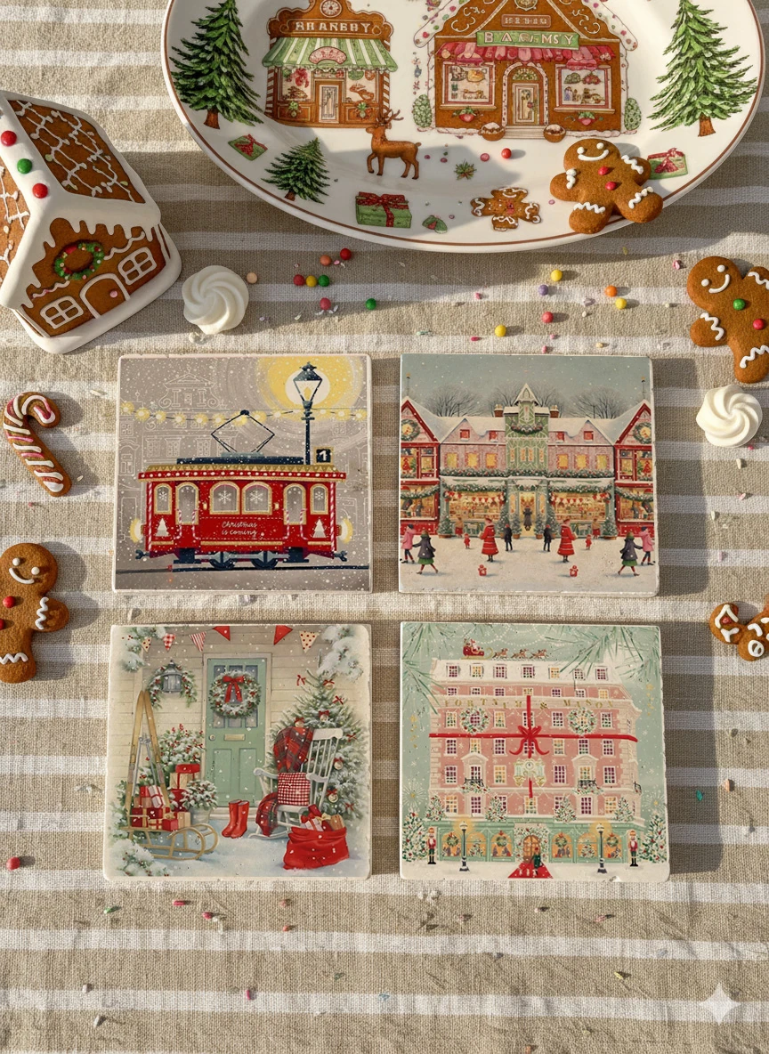 Vintage Noel Kasabası ve Kırmızı Tramvay Temalı Doğal Taş Bardak Altlığı, Yılbaşı Hediyesi, 4’lü