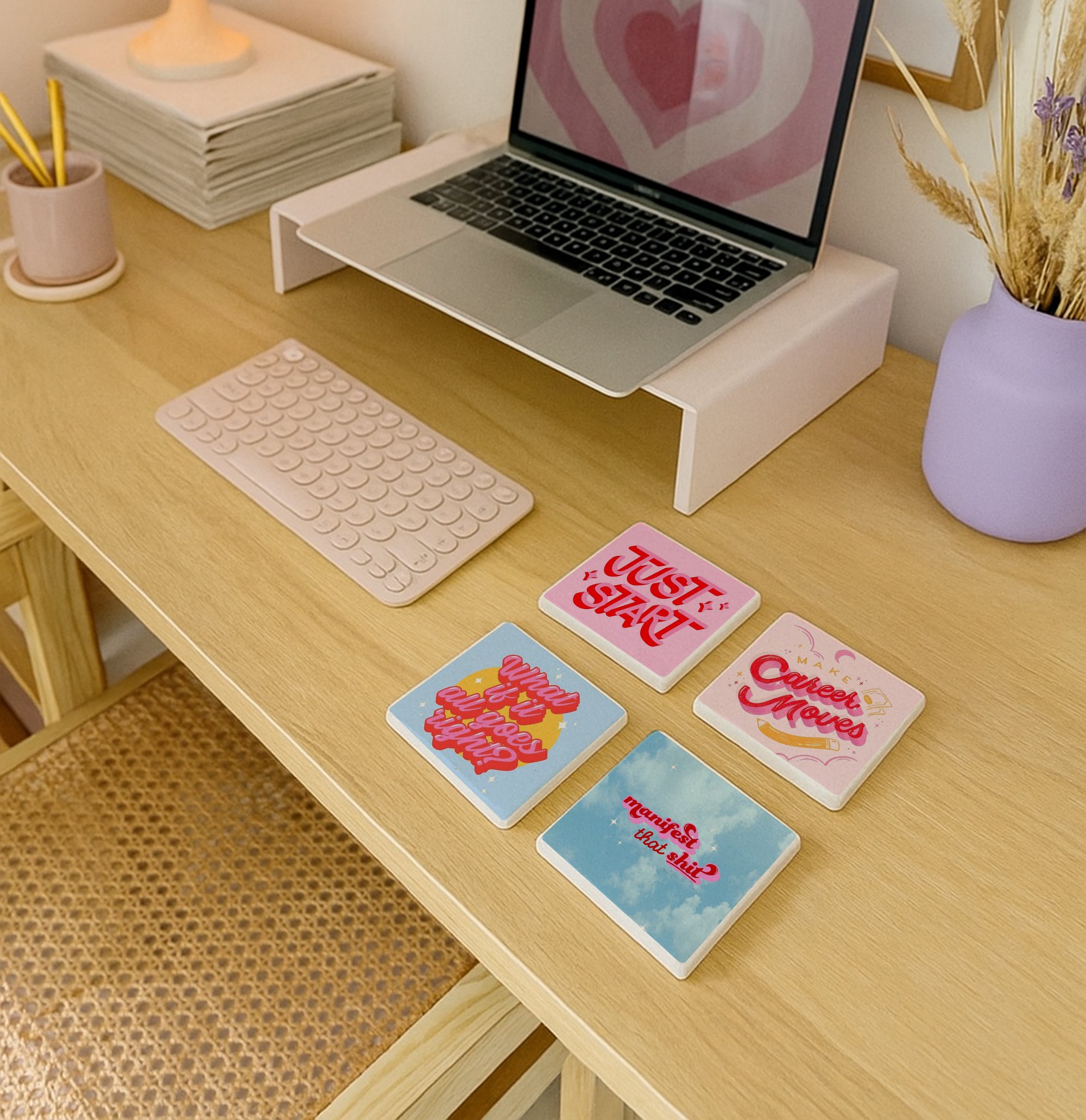 Motivasyon Yazılı Bardak Altlığı 4’lü Set, Ofis Masası İçin Renkli Taşlar