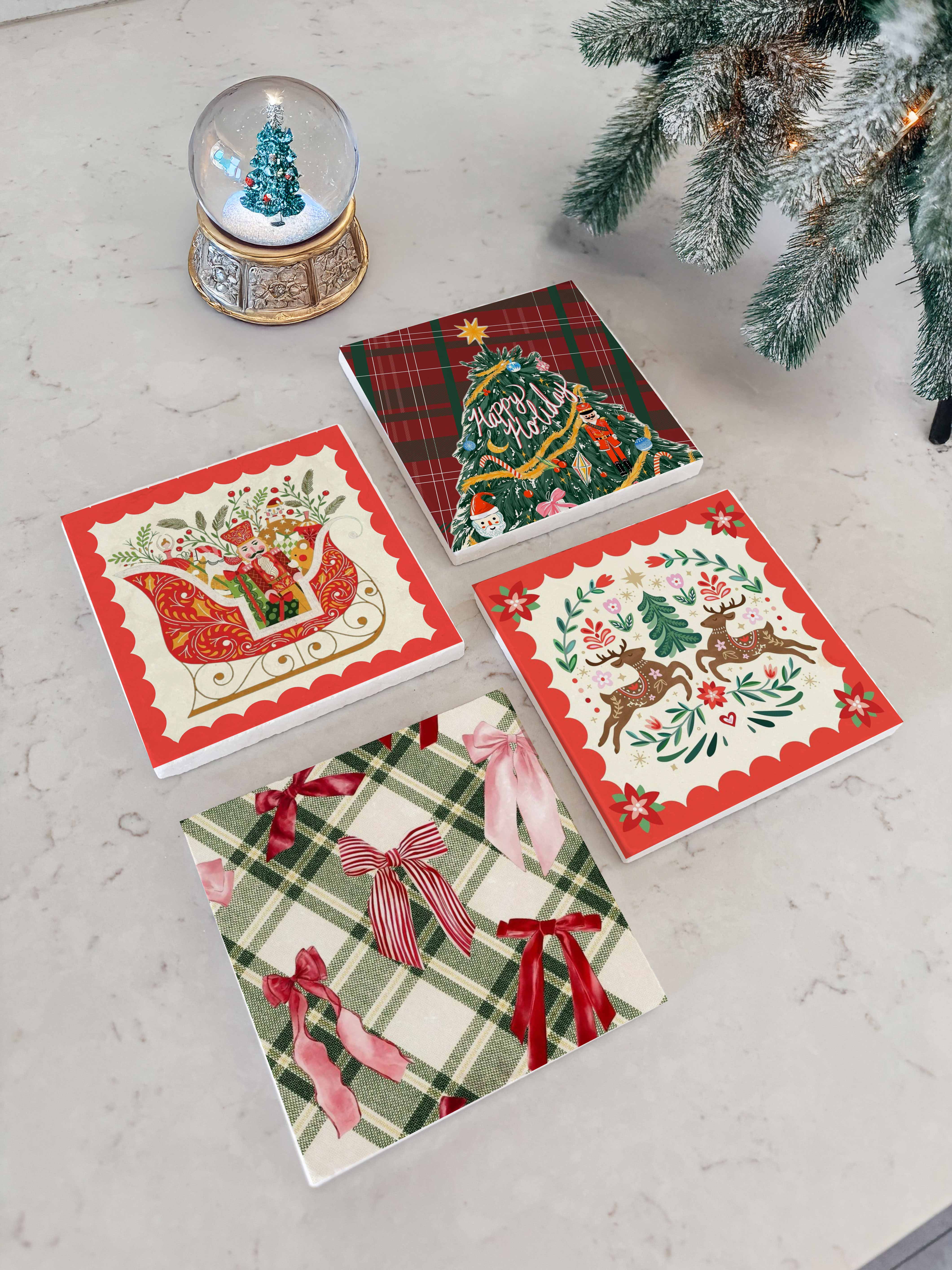 Kırmızı Yeşil Noel Desenli Doğal Taş Bardak Altlığı, Ev Dekoru, Yılbaşı Hediyesi, 4’lü