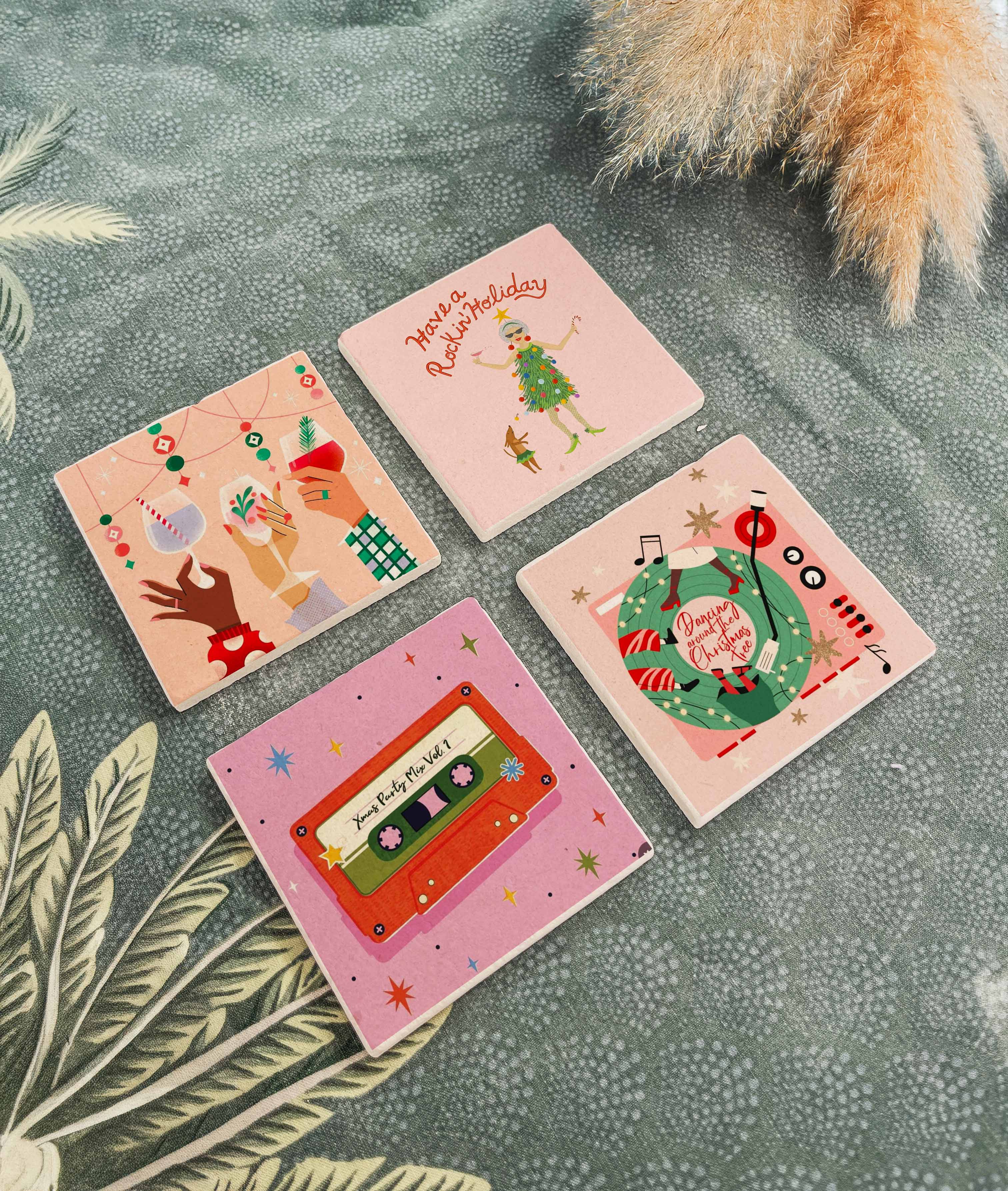 Retro Noel Temalı Doğal Taş Bardak Altlığı, Eğlenceli Yılbaşı Tasarımı, Yılbaşı Hediyesi, 4’lü