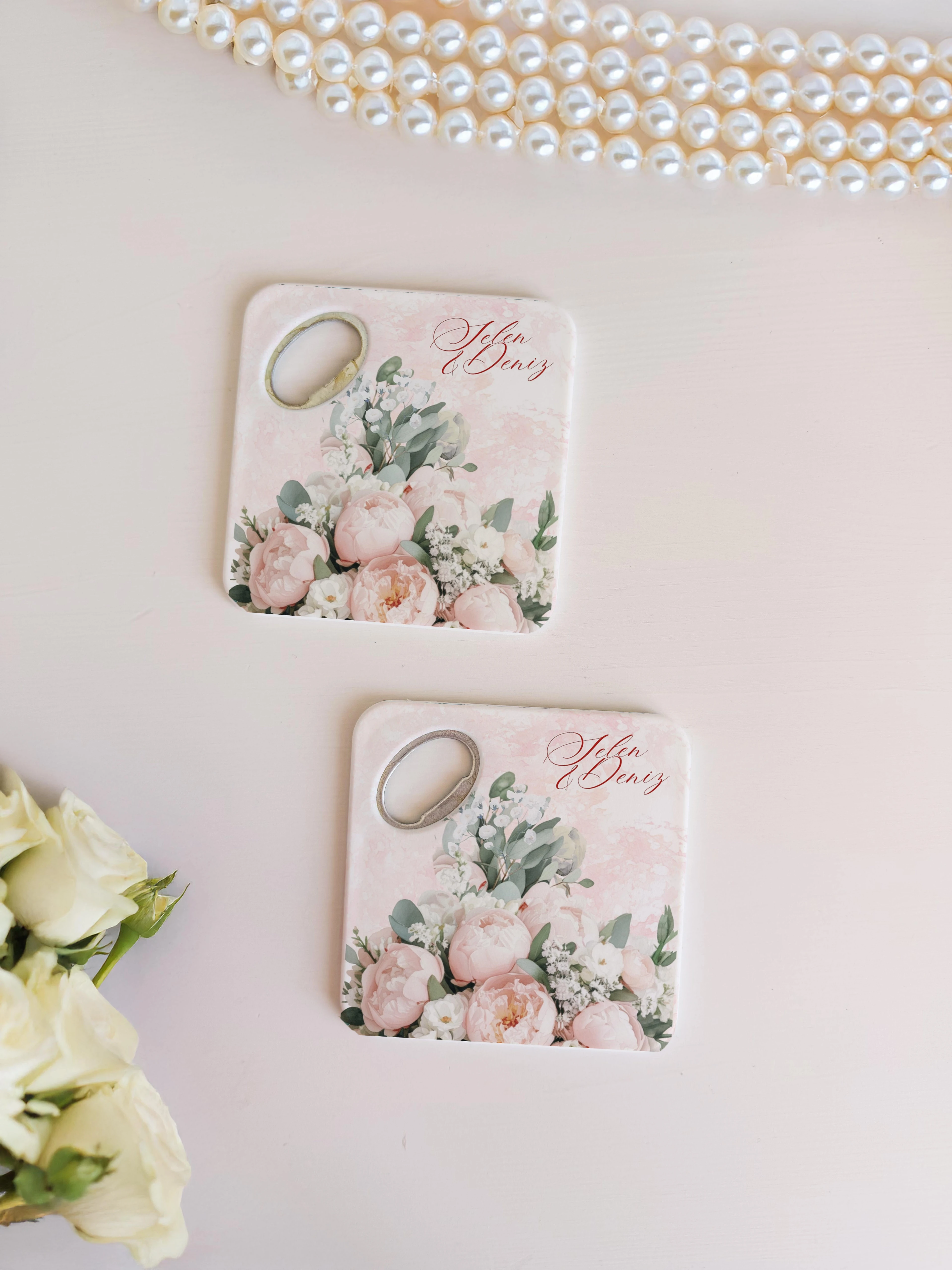 Pembe şakayık çiçekli kişiye özel magnet açacak bardak altlığı düğün nişan bebek 20 adet