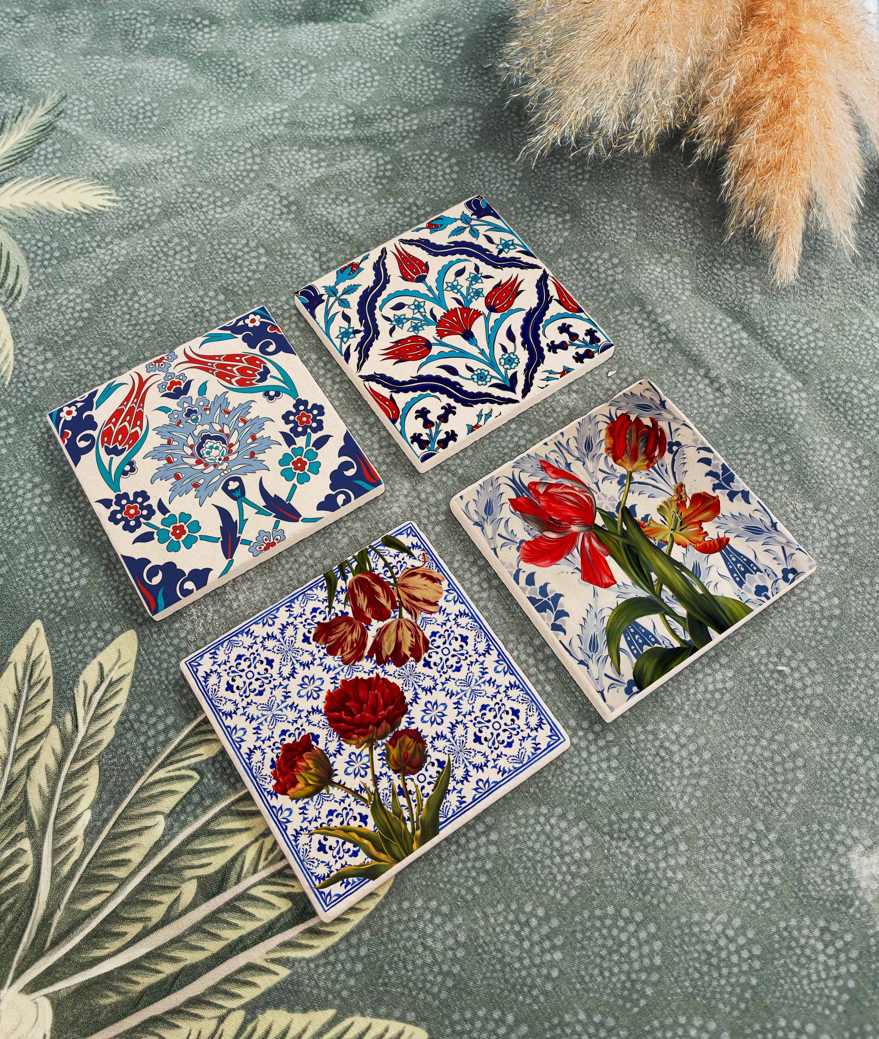 Osmanlı Çini Lale Motifli Desenli Doğal Taş Bardak Altlığı, Ev ve Ofis Kullanımı, 4 Adet