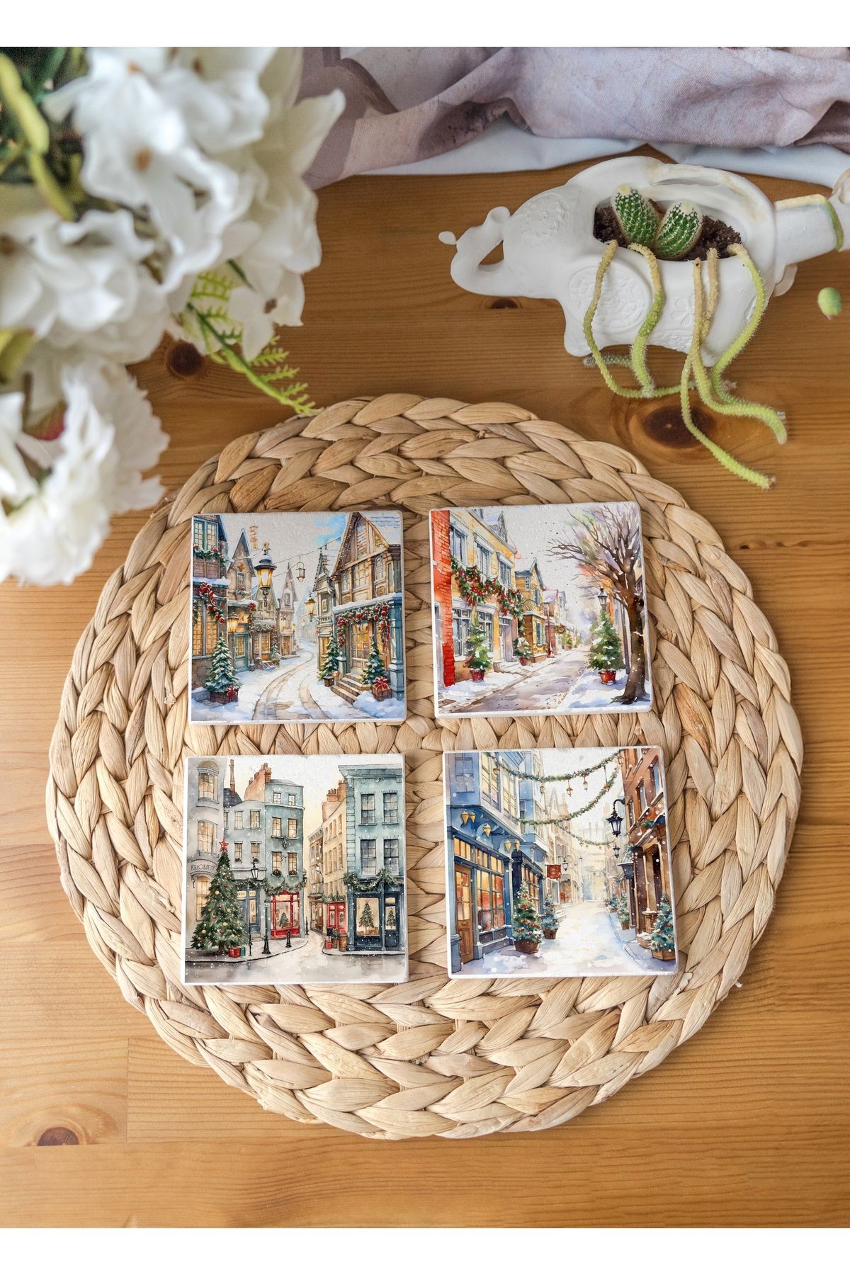 Arslat Atölye Vintage Kartpostal Şehir Görüntüsü 4’lü Set Bardak Altlığı Doğal Taş (10x10 cm)